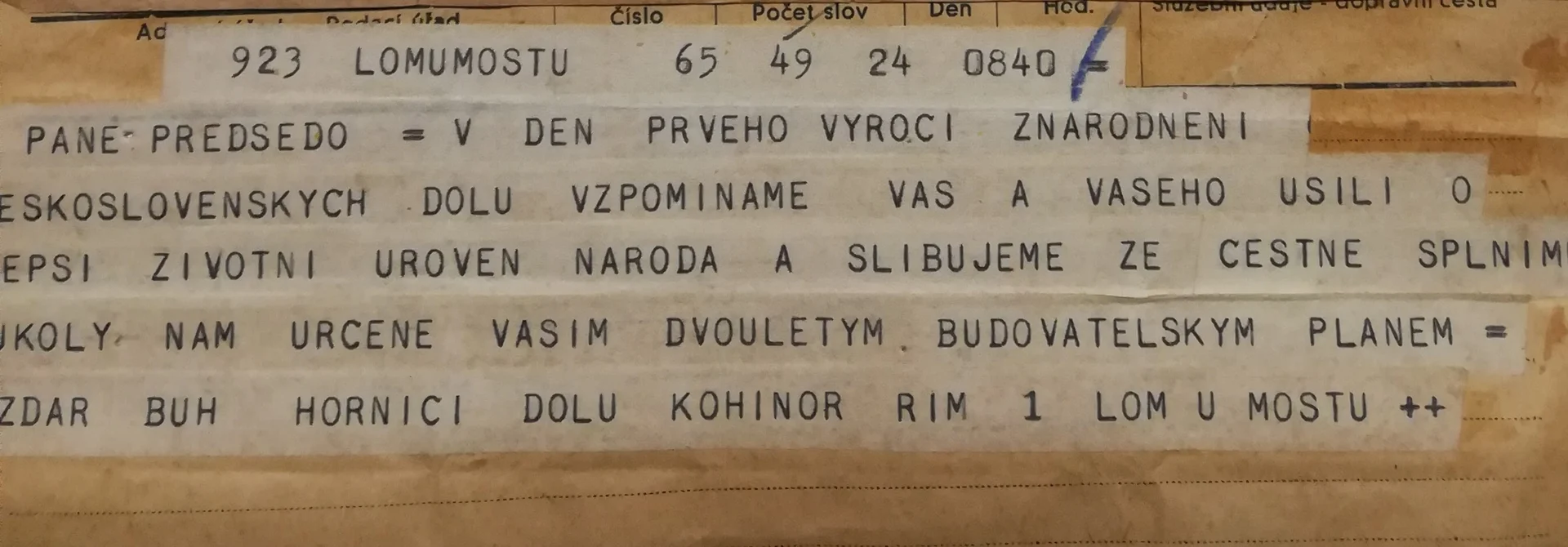 Náhledový obrázek předmětu Horníci závodu KOHINOOR 1 Lom u Mostu se zavazují splnit dvouletý plán