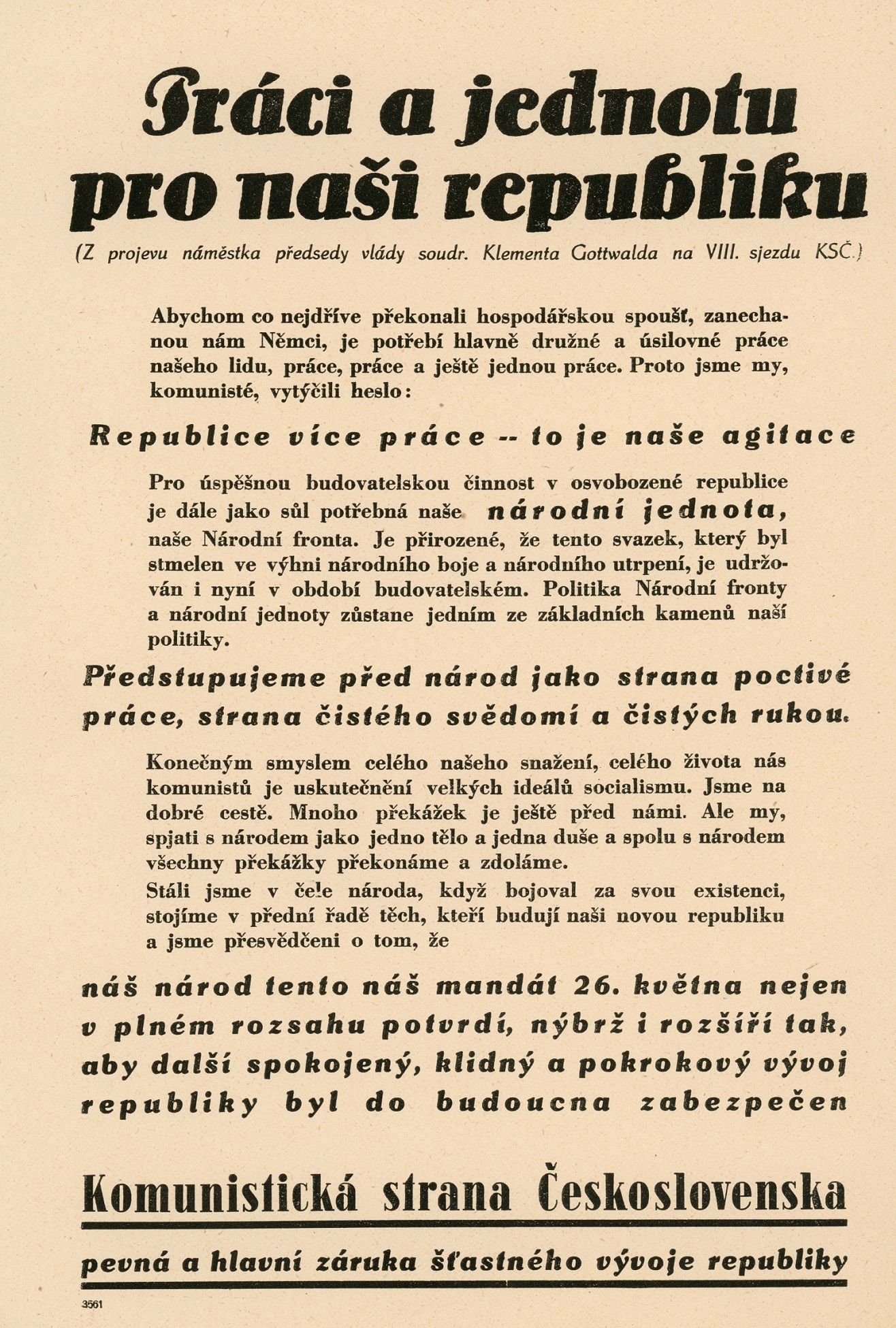 Náhledový obrázek Práci a jednotu pro naši republiku - z projevu K. Gottwalda na VIII. Sjezdu KSČ - 1
