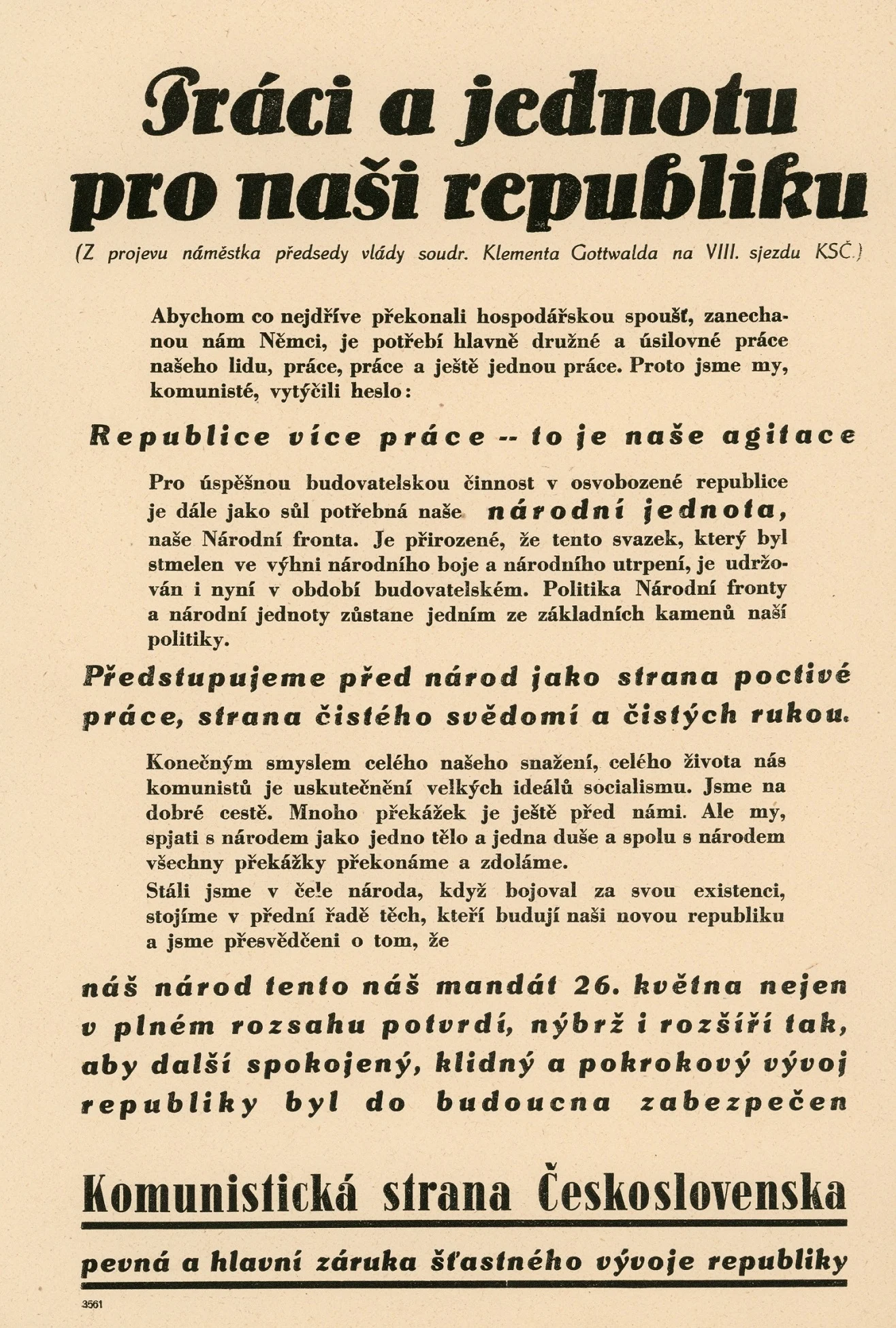 Náhledový obrázek předmětu Práci a jednotu pro naši republiku - z projevu K. Gottwalda na VIII. Sjezdu KSČ