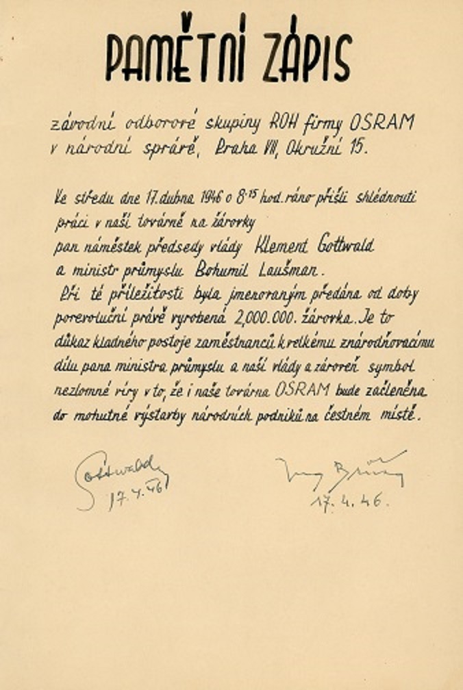 Náhledový obrázek Pamětní zápis z návštěvy K. Gottwalda a B. Laušmana ve firmě Osram - 1