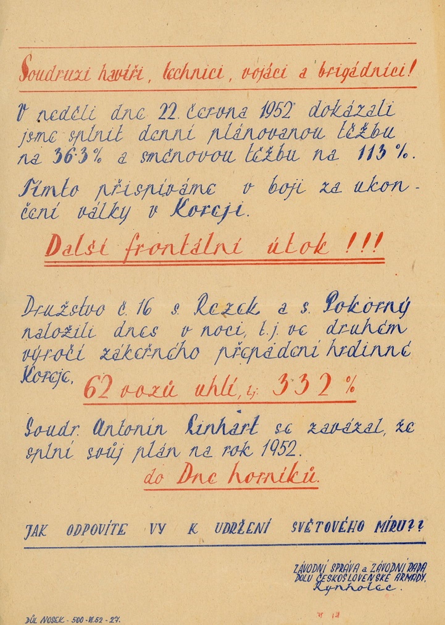 Náhledový obrázek Provolání závodní rady dolu Čsl. armády v Rynholci - 1
