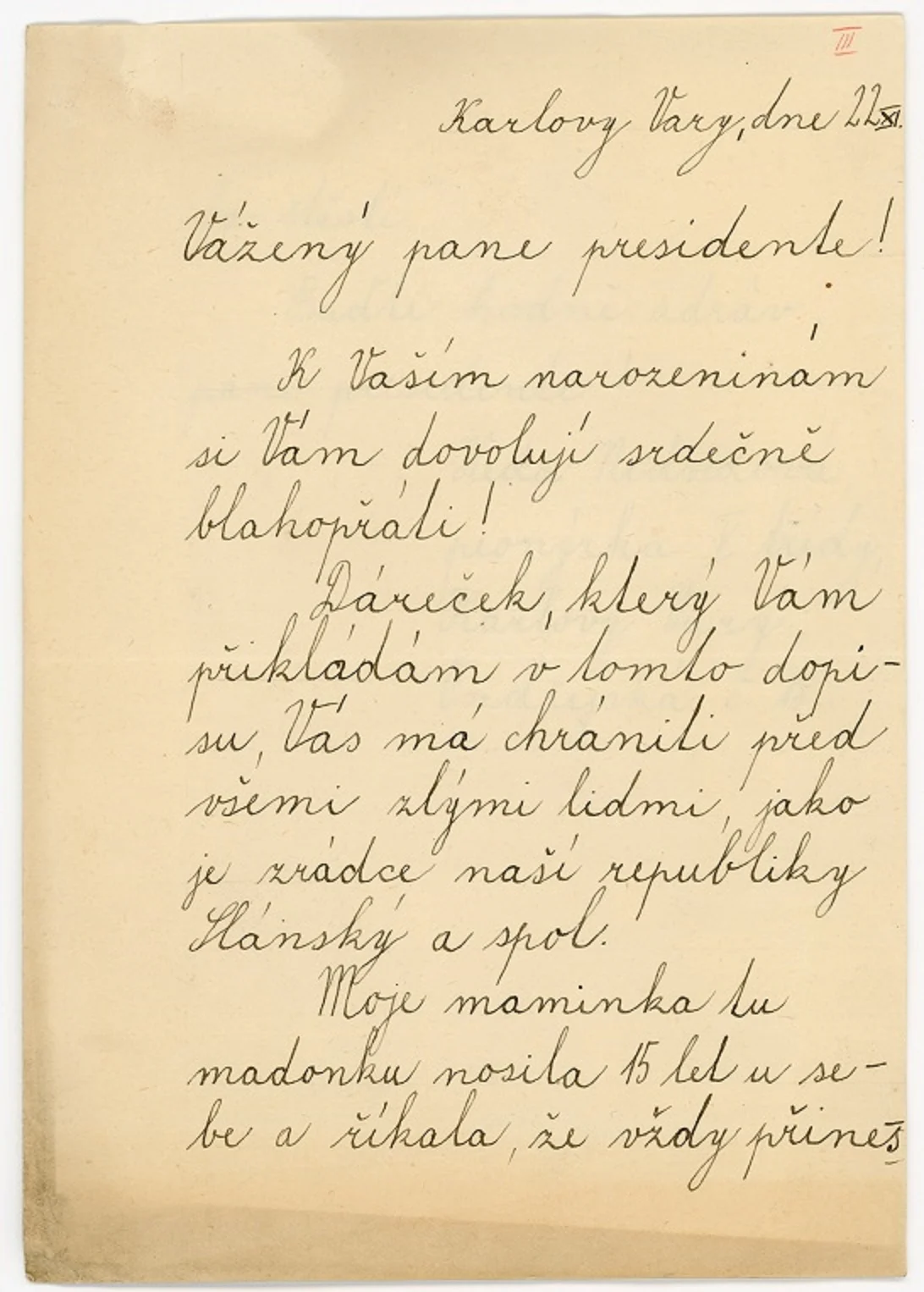 Náhledový obrázek předmětu Blahopřání  Hedy Nedvědové K. Gottwaldovi u příležitosti jeho narozenin