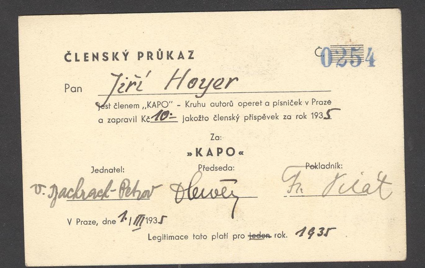 Náhledový obrázek Kruh autorů operet a písniček v Praze. Členský průkaz Jiřího Hoyera - 1
