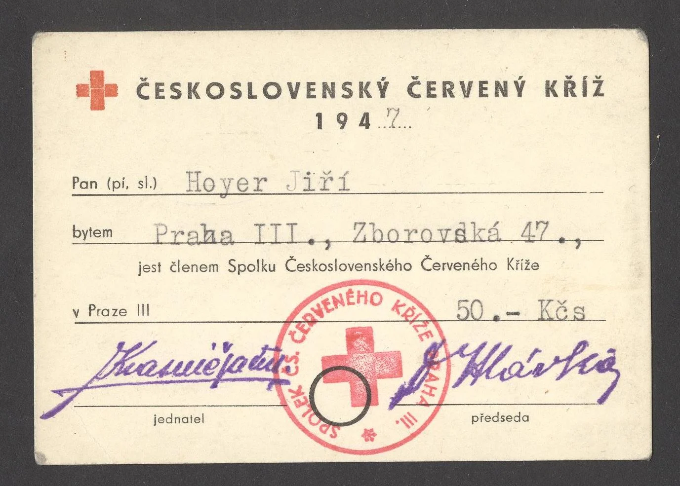 Náhledový obrázek předmětu Československý červený kříž. Členská legitimace Jiřího Hoyera