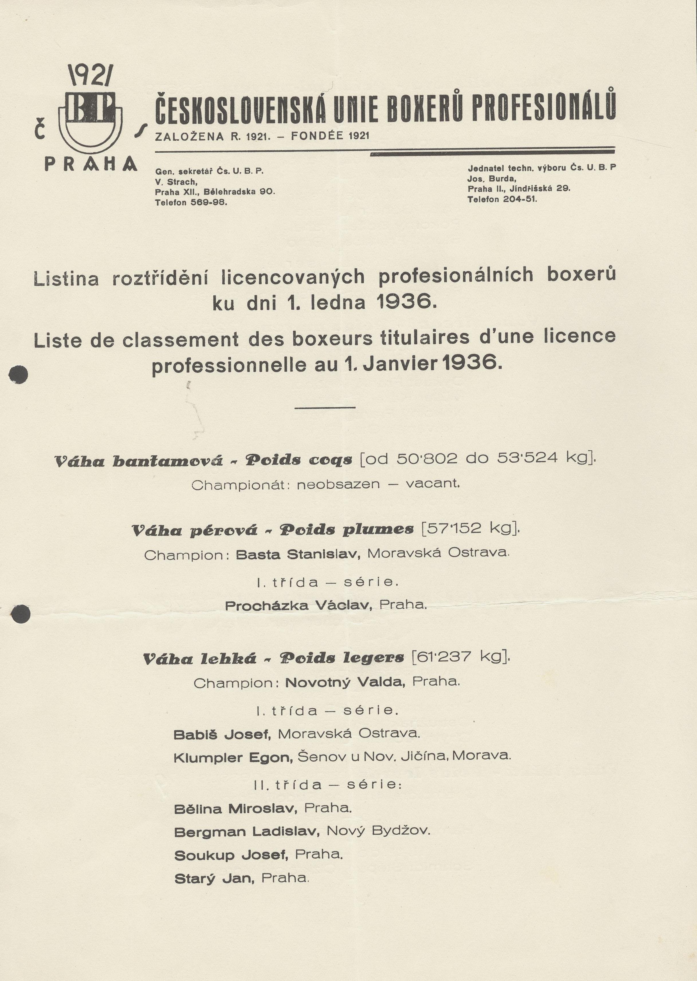 Náhledový obrázek Listina roztřídění licencovaných profesionálních boxerů (ČSUBP) - 1