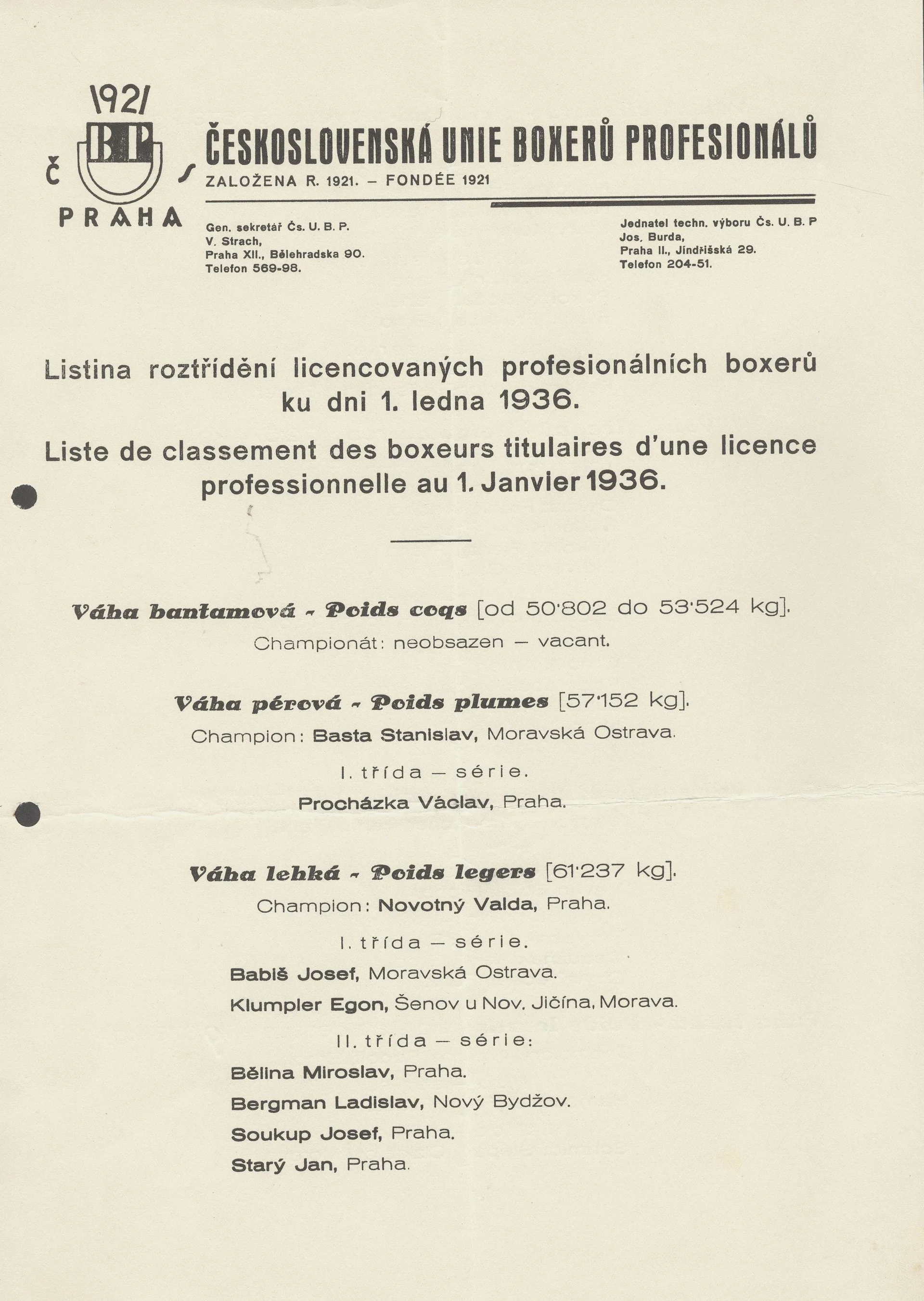 Náhledový obrázek předmětu Listina roztřídění licencovaných profesionálních boxerů (ČSUBP)