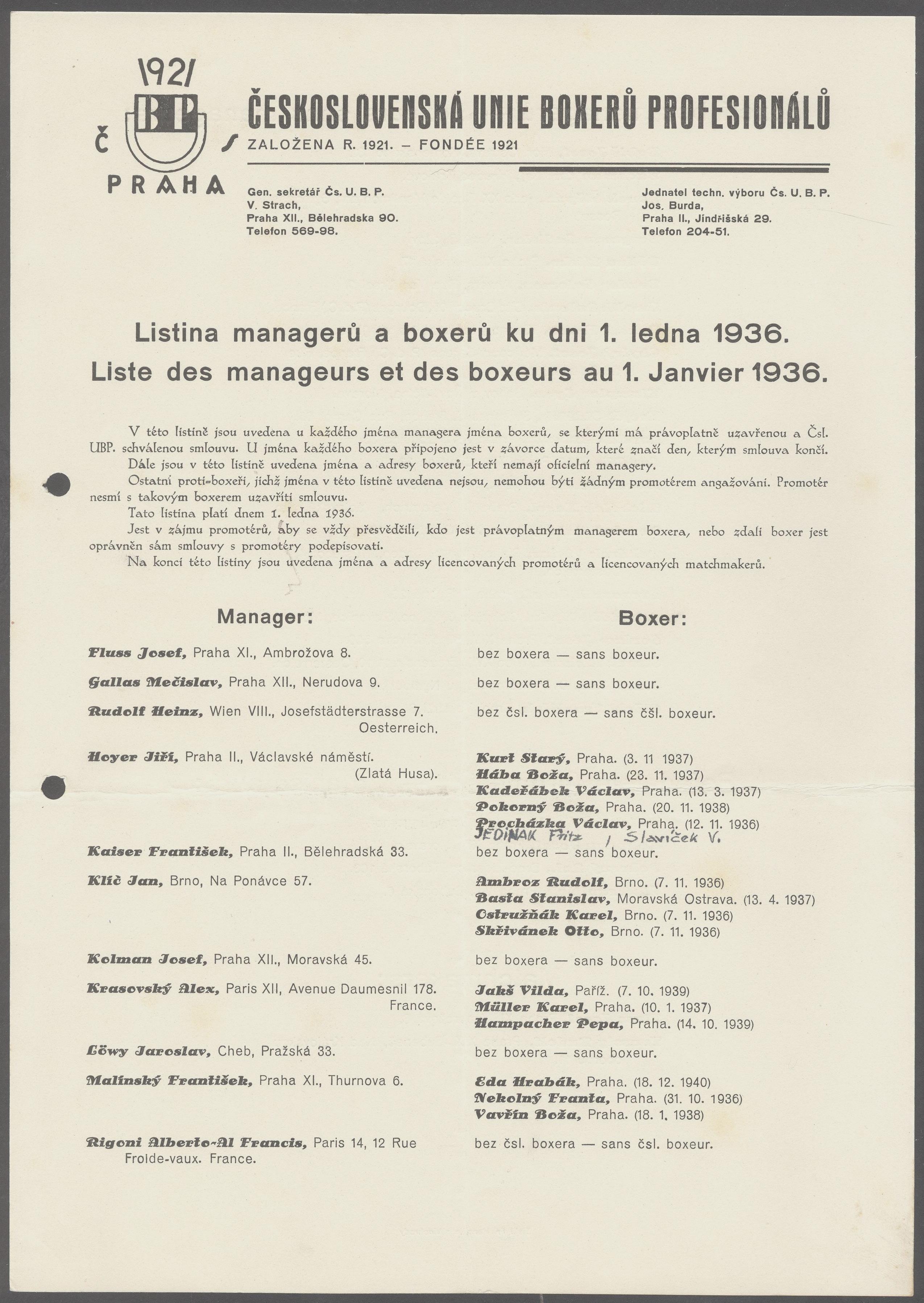 Náhledový obrázek Listina managerů a boxerů ku dni 1. ledna 1936 (ČSUBP) - 1