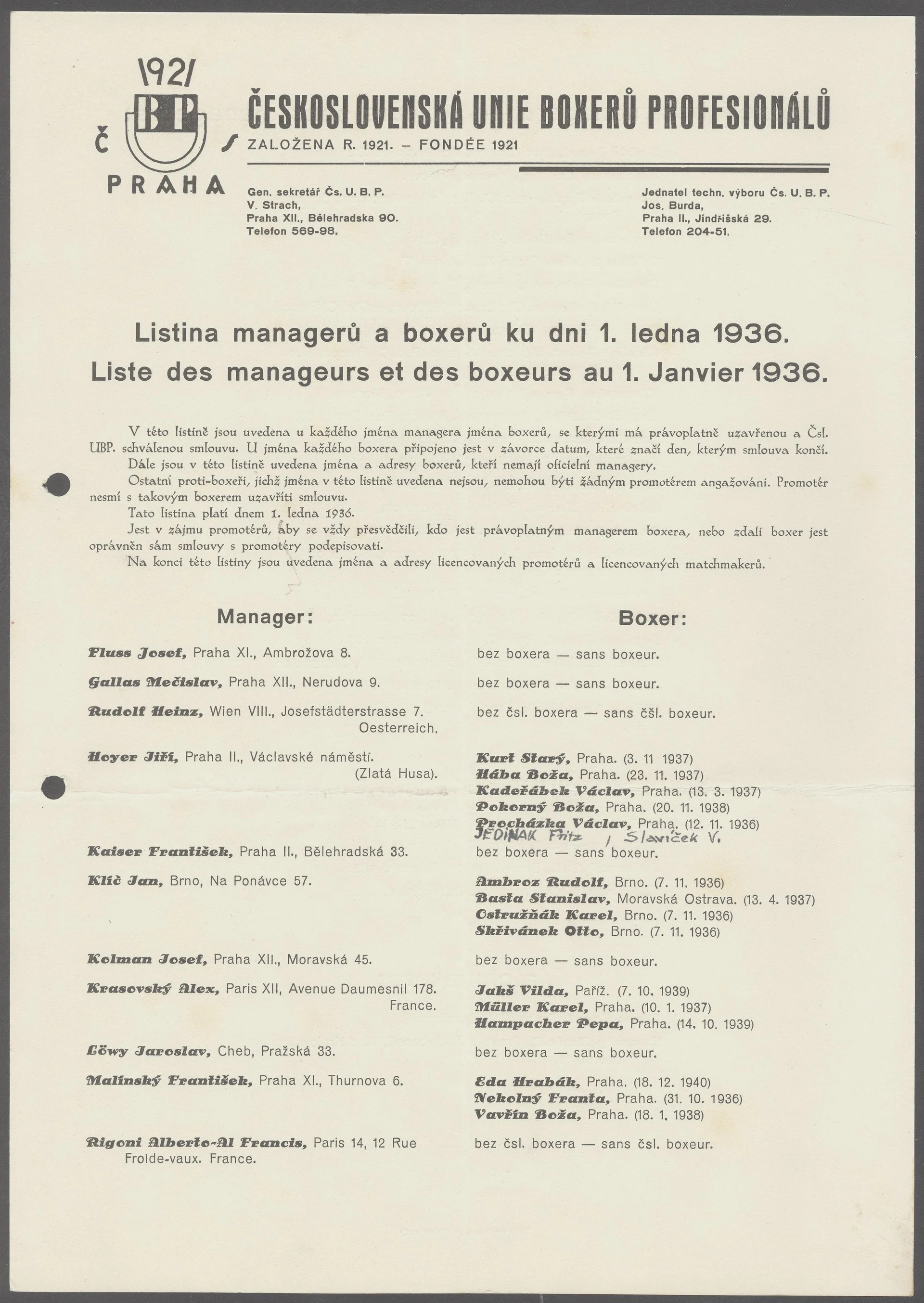 Náhledový obrázek předmětu Listina managerů a boxerů ku dni 1. ledna 1936 (ČSUBP)