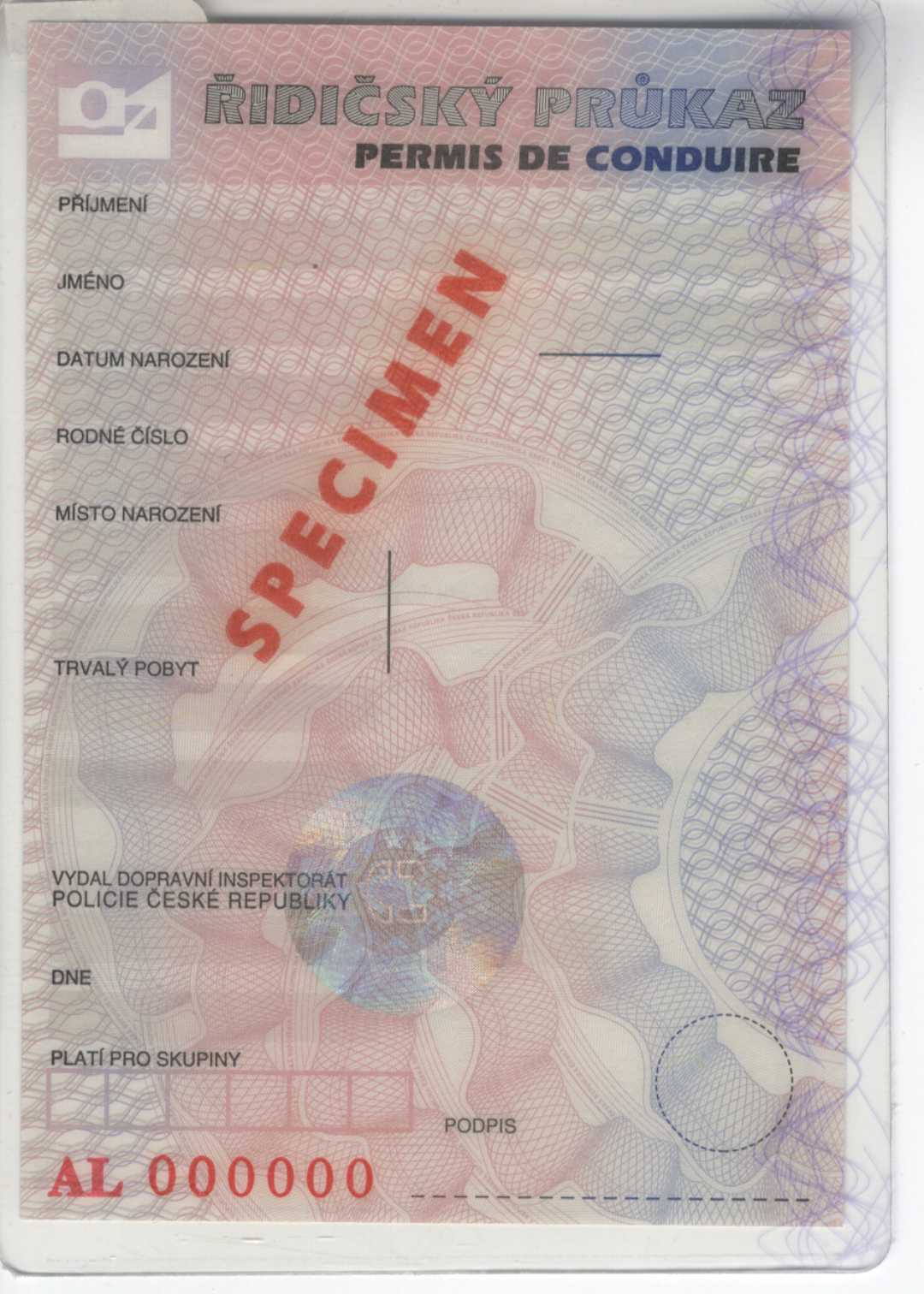 Náhledový obrázek Řidičský průkaz (Permis de Conduire), AL 000 000,  specimen, CZ - 2