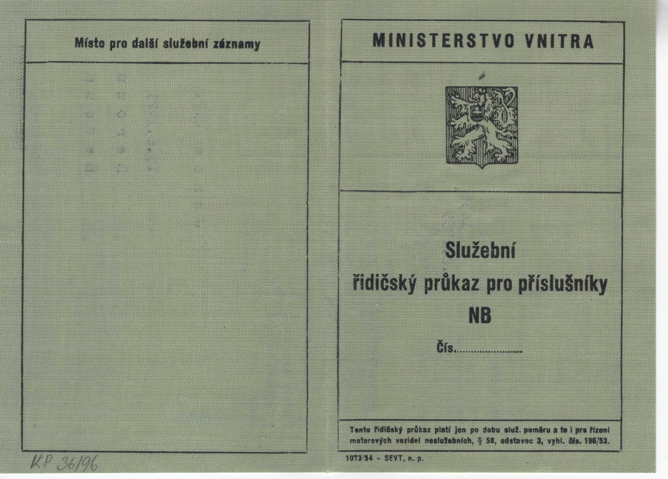 Náhledový obrázek Služební řidičský průkaz pro příslušníka NB, č. 1436, Ministerstvo vnitra - 1