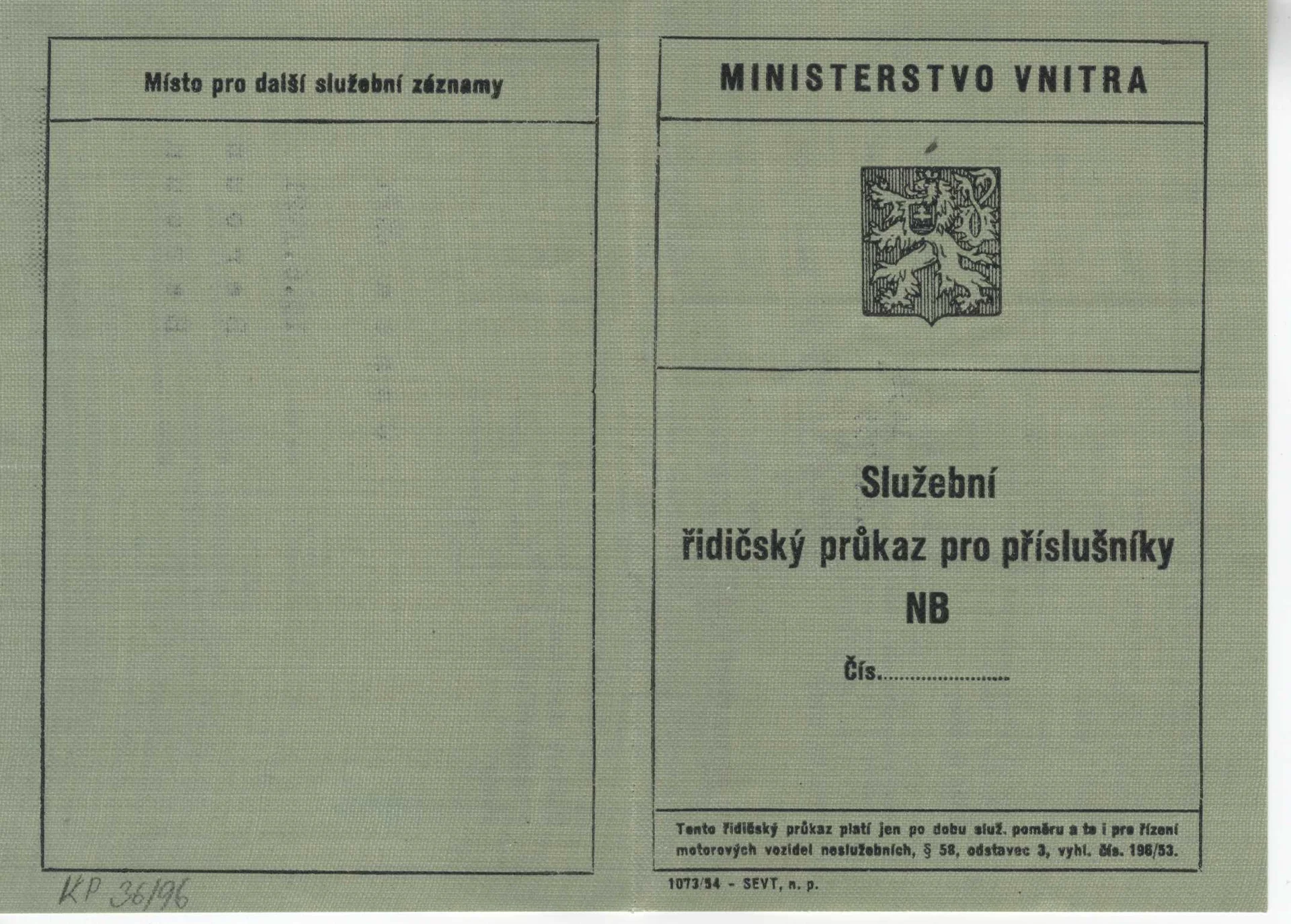 Náhledový obrázek předmětu Služební řidičský průkaz pro příslušníka NB, č. 1436, Ministerstvo vnitra