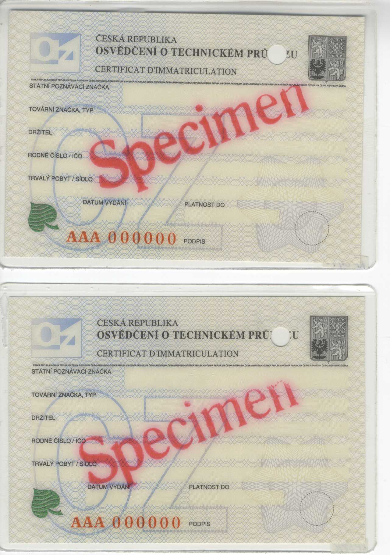 Náhledový obrázek předmětu Osvědčení o technickém  průkazu vz. 94, vzor, Česká republika