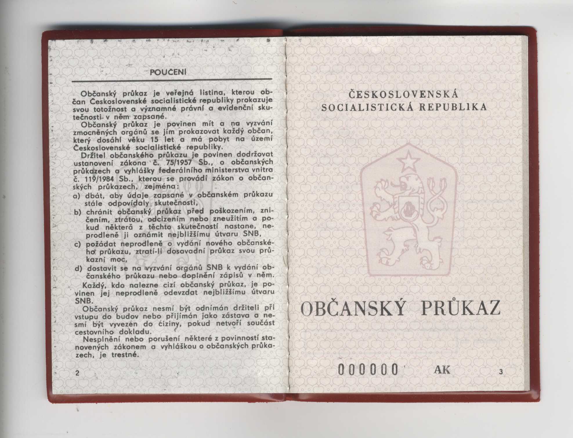 Náhledový obrázek Občanský průkaz 000000 AK, Československá socialistická republika, vzor 85 - 2