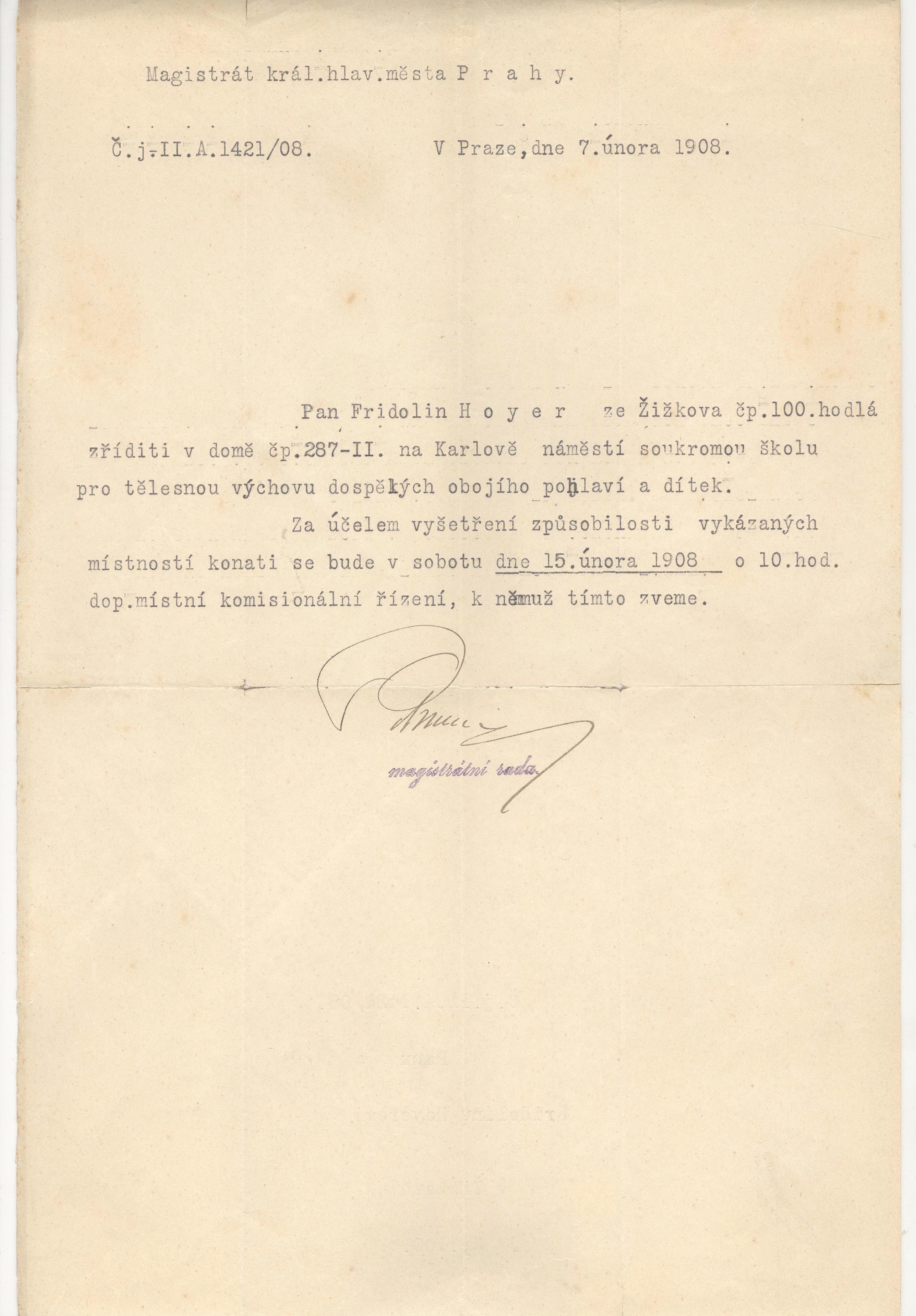 Náhledový obrázek Hoyerova škola. Výnos magistrátu král. hl. v. Prahy k zřízení školy - 2
