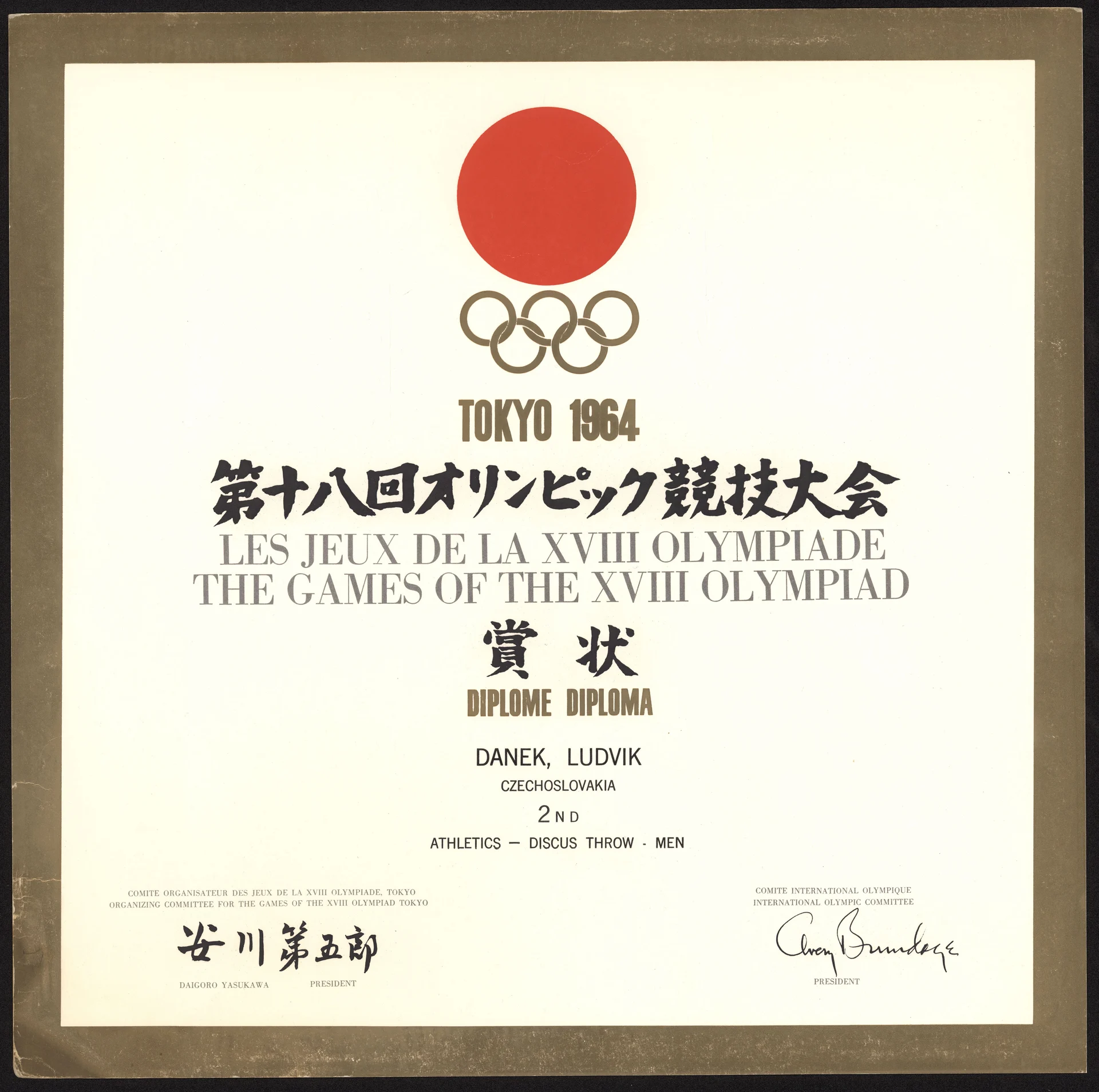 Náhledový obrázek předmětu Olympijský diplom pro Ludvíka Daňka. OH Tokio 1964
