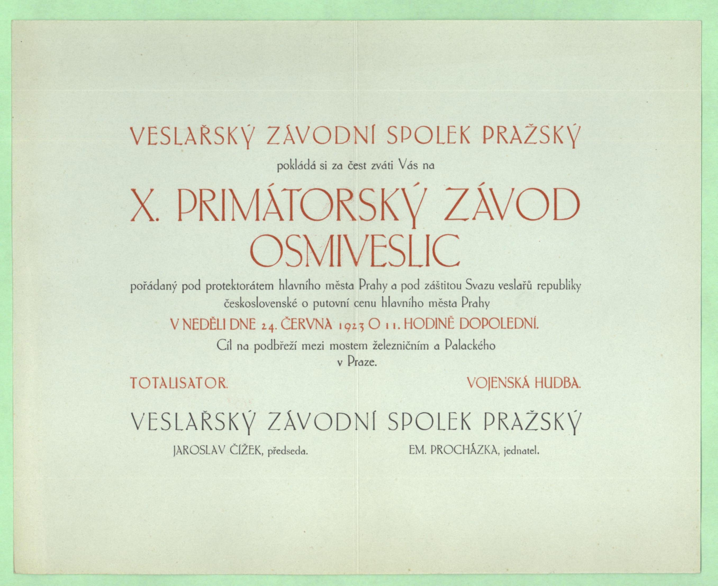 Náhledový obrázek Pozvánky Veslařského závodního spolku - 1