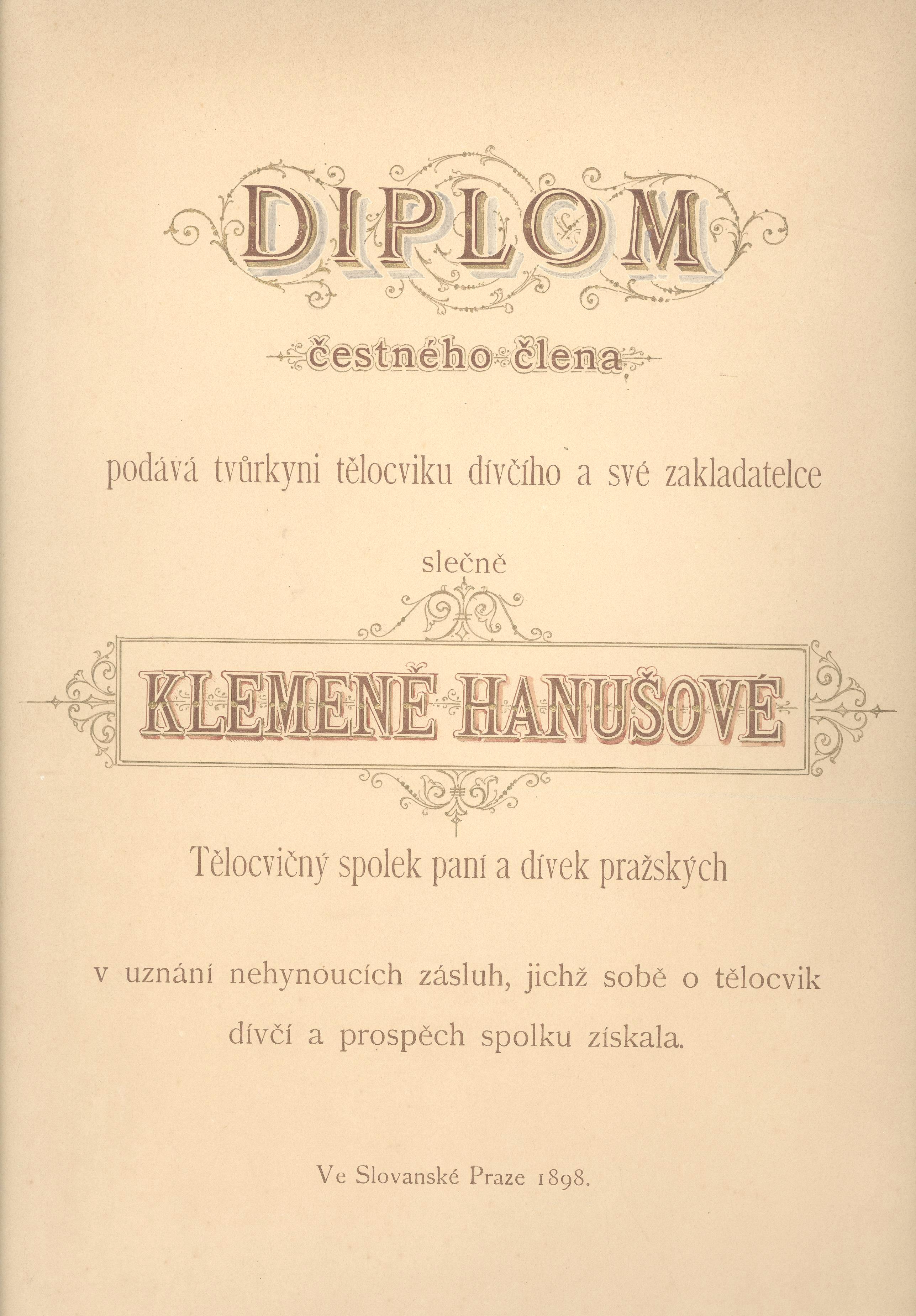 Náhledový obrázek Diplom čestného člena Tělocvičného spolku paní a dívek sl. Klemeně Hanušové - 1