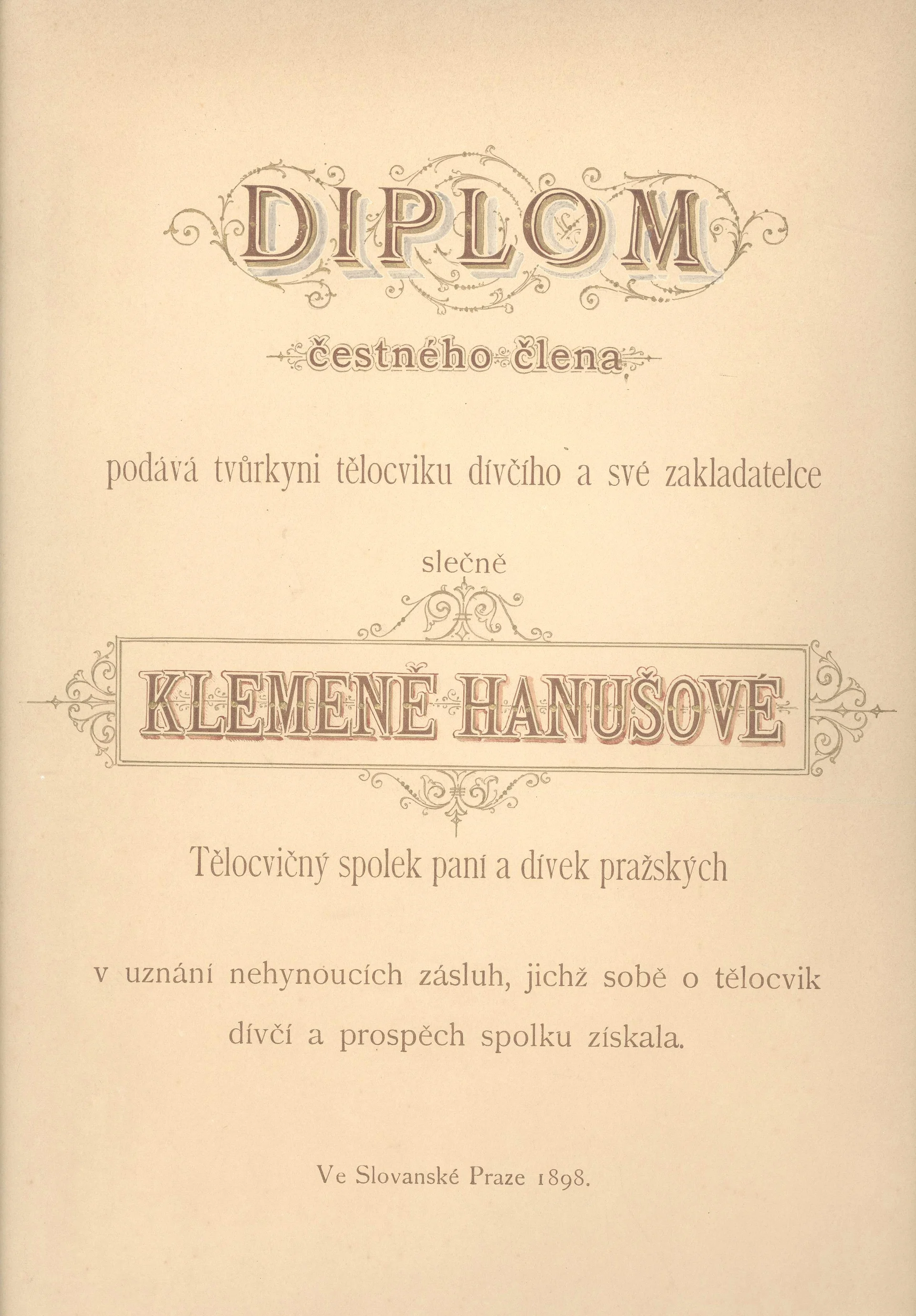 Náhledový obrázek předmětu Diplom čestného člena Tělocvičného spolku paní a dívek sl. Klemeně Hanušové
