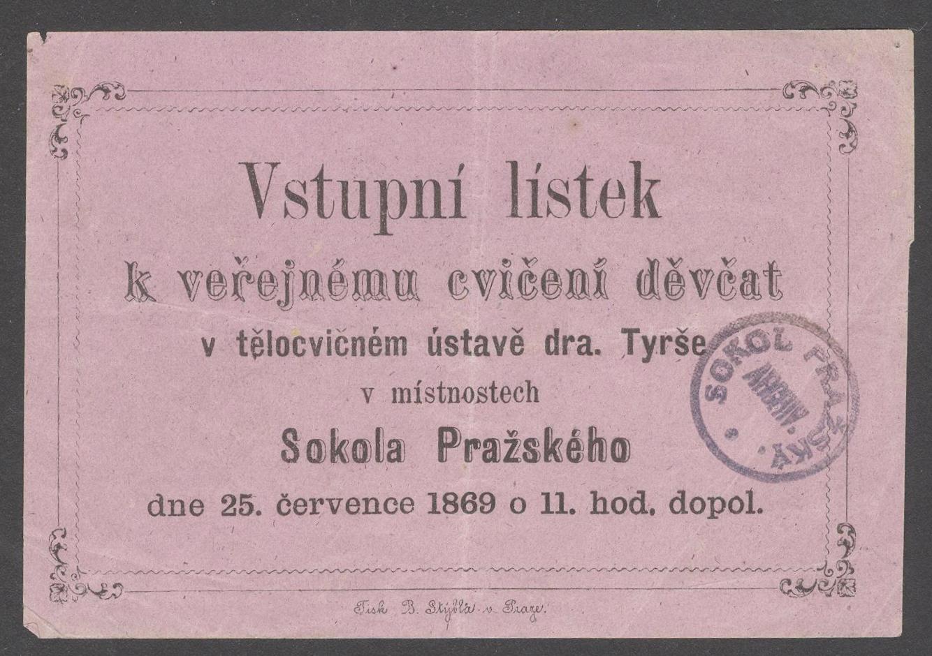 Náhledový obrázek Vstupní lístek k veřejnému cvičení děvčat v tělocvičném ústavě dra. Tyrše - 1