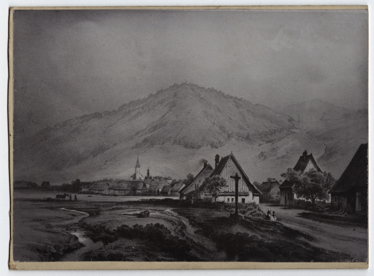Náhledový obrázek Reprodukce dobové litografie s pohledem na Jeseník (kol. r. 1850) - 1