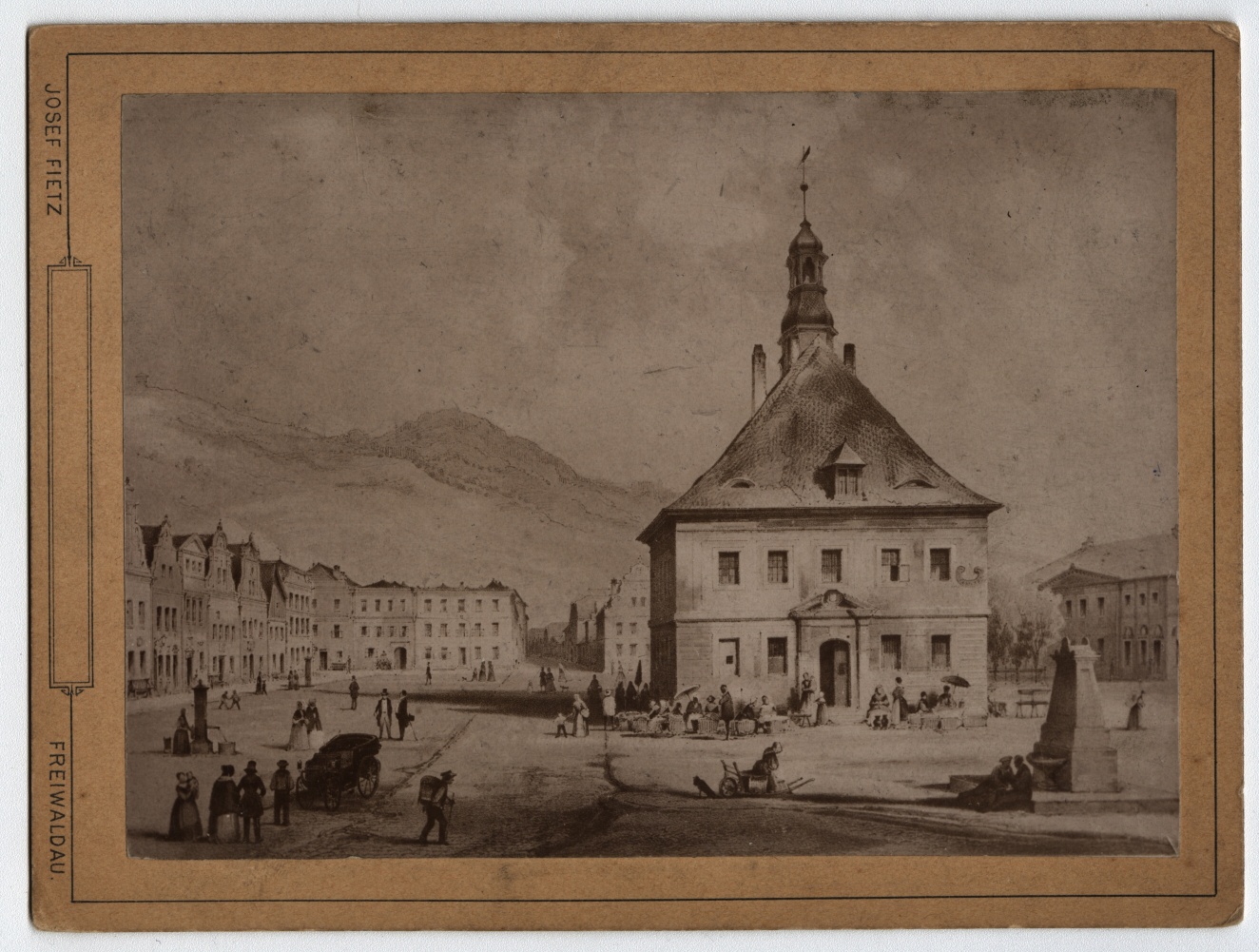 Náhledový obrázek Reprodukce dobové litografie s renesanční radnicí v Jeseníku (cca 1840) - 1
