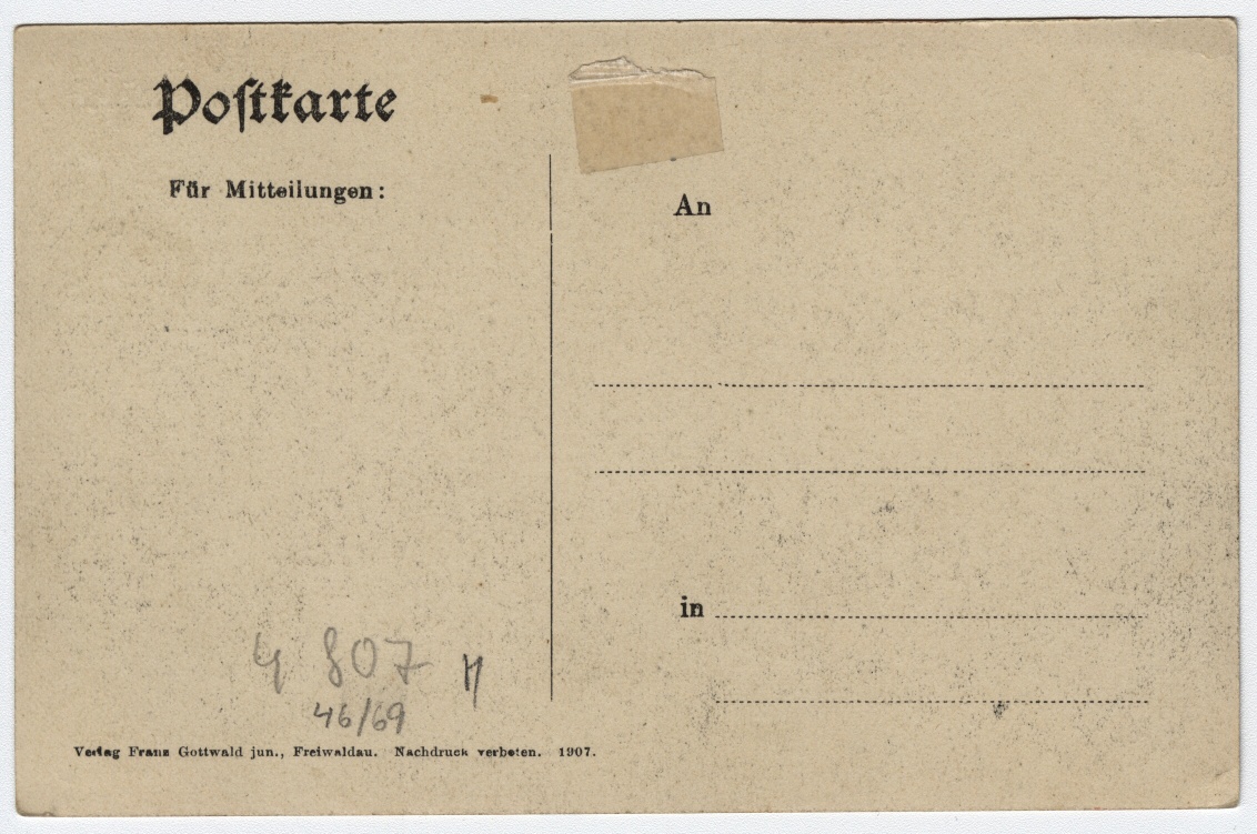 Náhledový obrázek Masarykovo náměsti v Jeseníku s bývalou kavárnou Klein na dobové pohlednici (1907) - 2