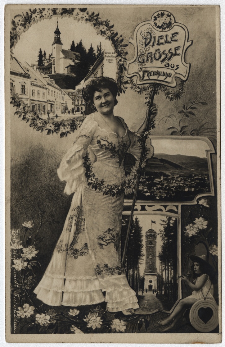 Náhledový obrázek Dobová pohlednice "Viele Grüsse aus Freiwaldau" (kolem r. 1900) - 1