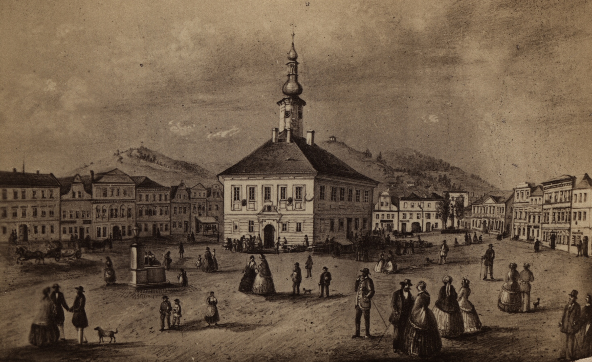Náhledový obrázek Reprodukce dobové litografie s pohledem na jesenické náměstí s budovou radnice - 2