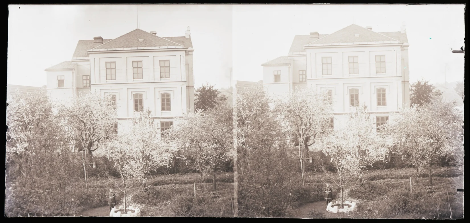 Náhledový obrázek předmětu Skleněný stereonegativ: zahrada před obecnou školou v Supíkovicích (1913)