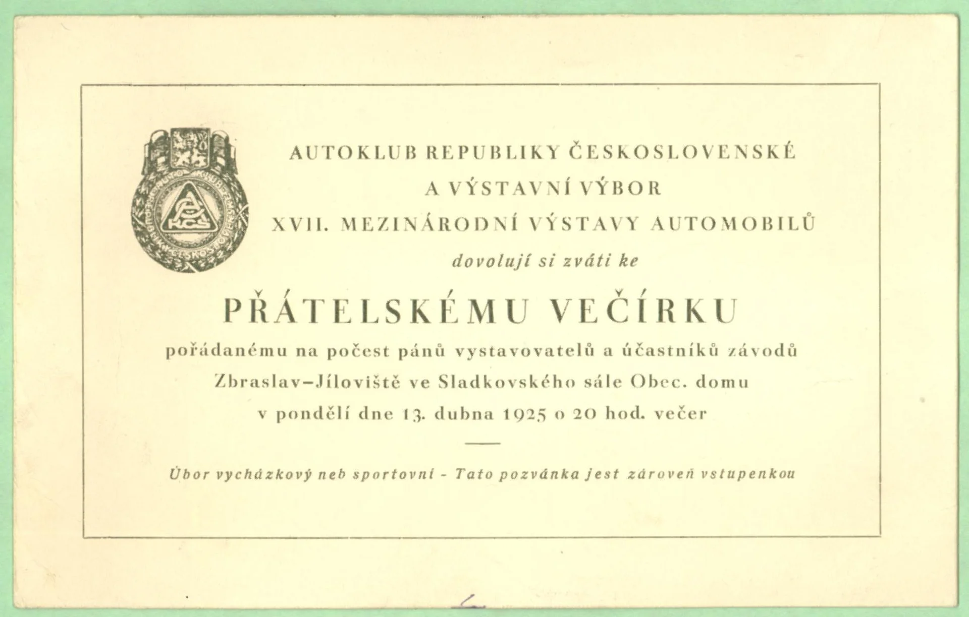 Náhledový obrázek předmětu Autoklub RČS. Pozvánka k přátelskému večírku