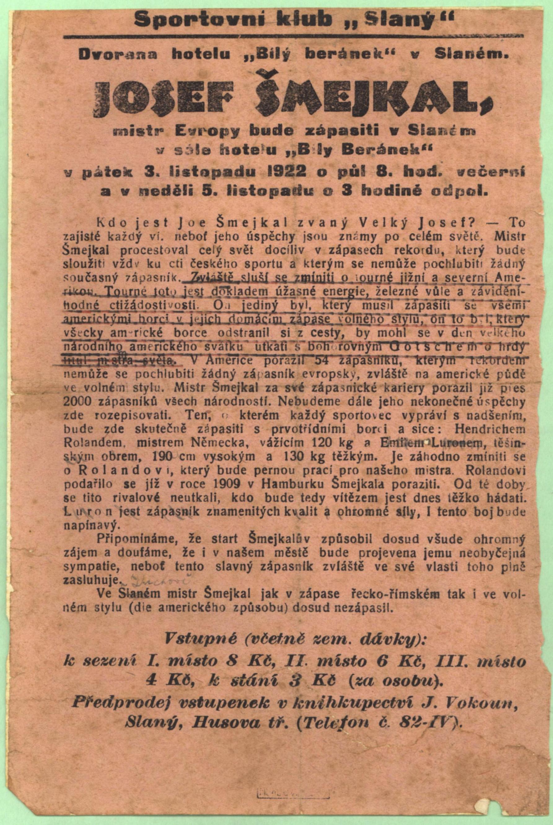 Náhledový obrázek Oznámení zápasu J. Šmejkala ve Slaném - 1