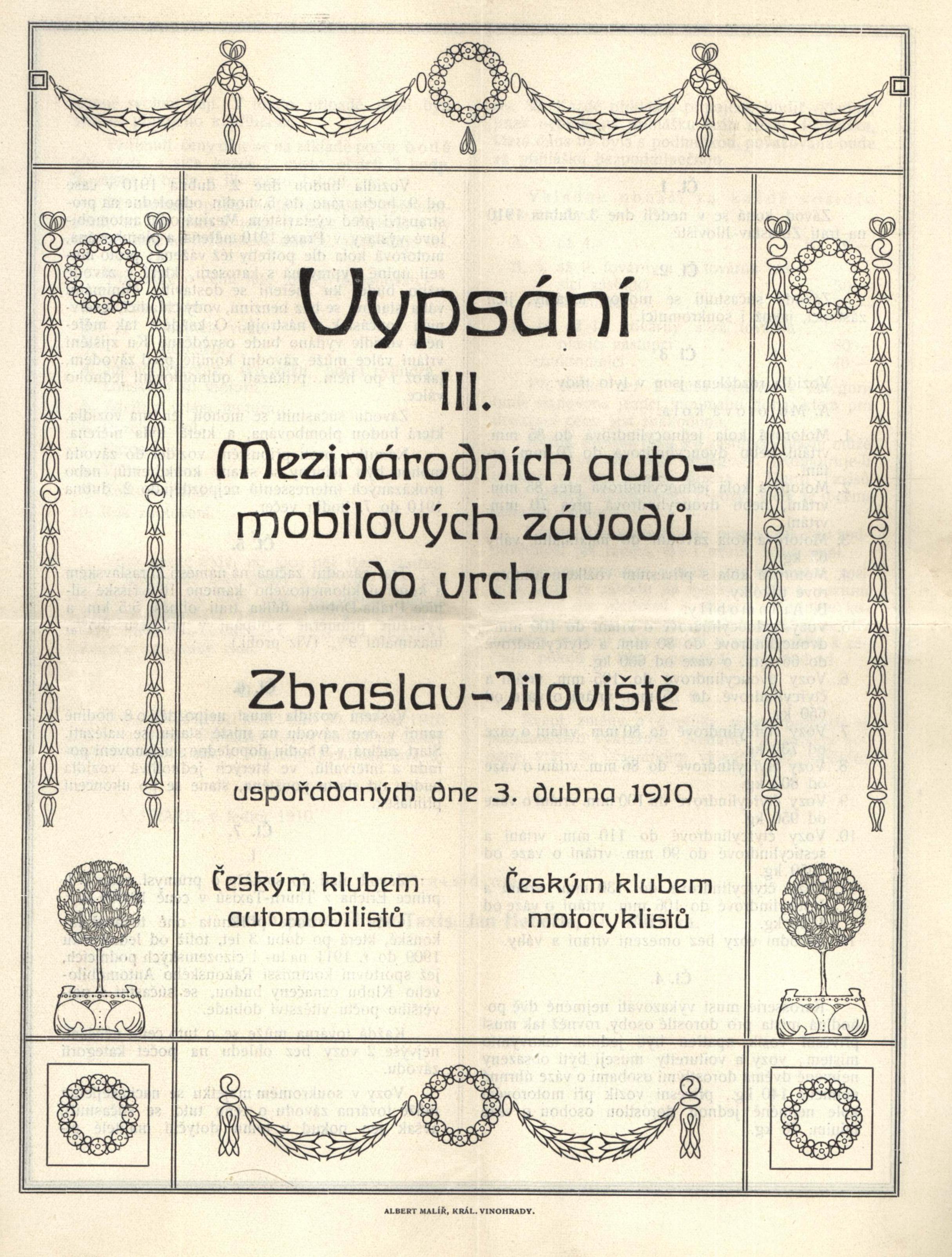 Náhledový obrázek Vypsání  III. Mezinárodních automobilových závodů do vrchu Zbraslav-Jíloviště - 1