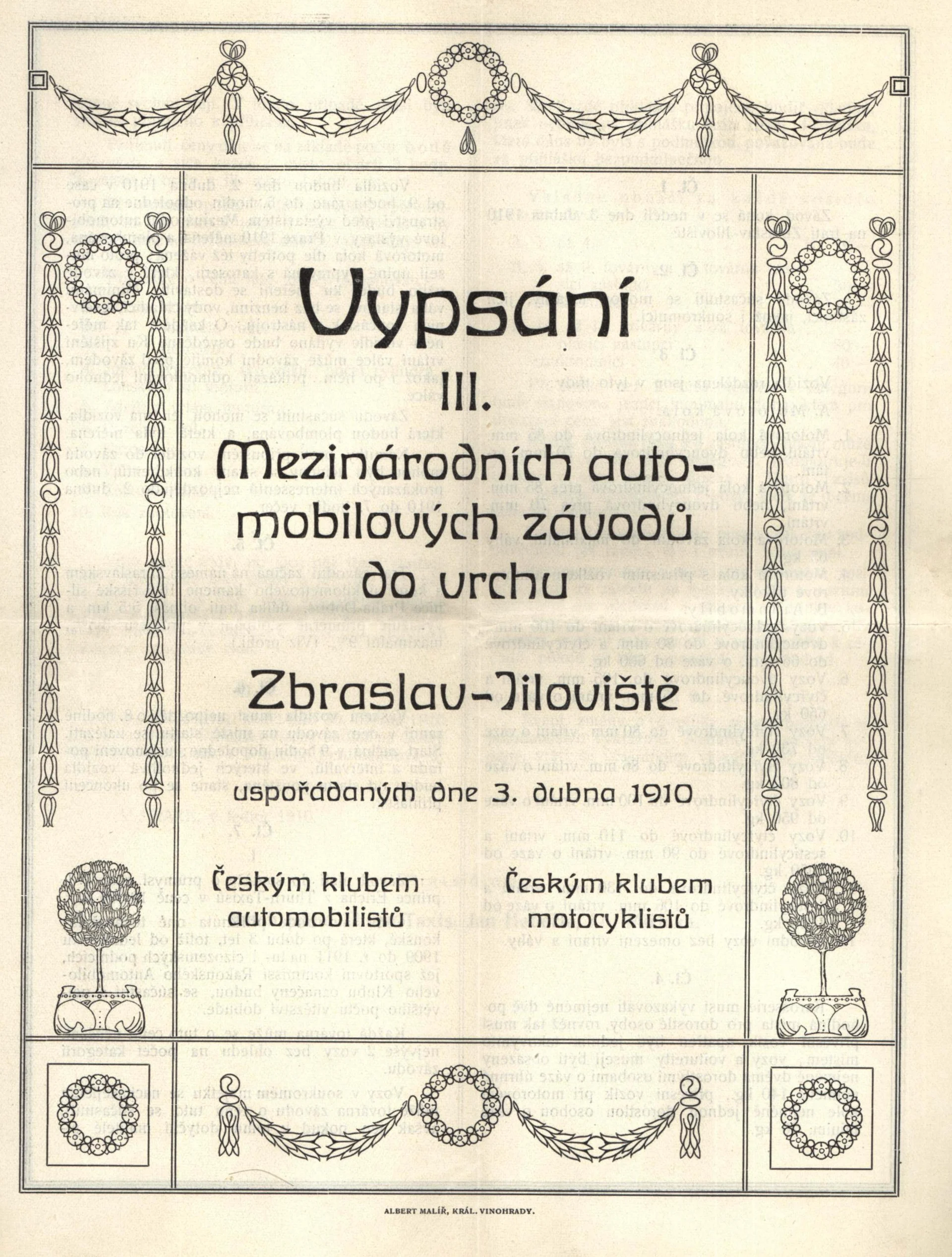 Náhledový obrázek předmětu Vypsání  III. Mezinárodních automobilových závodů do vrchu Zbraslav-Jíloviště
