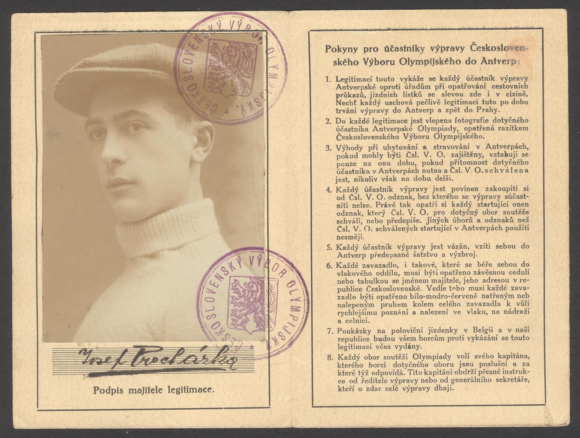 Náhledový obrázek Legitimace cyklisty Josefa Procházky pro OH v Antverpách - 2