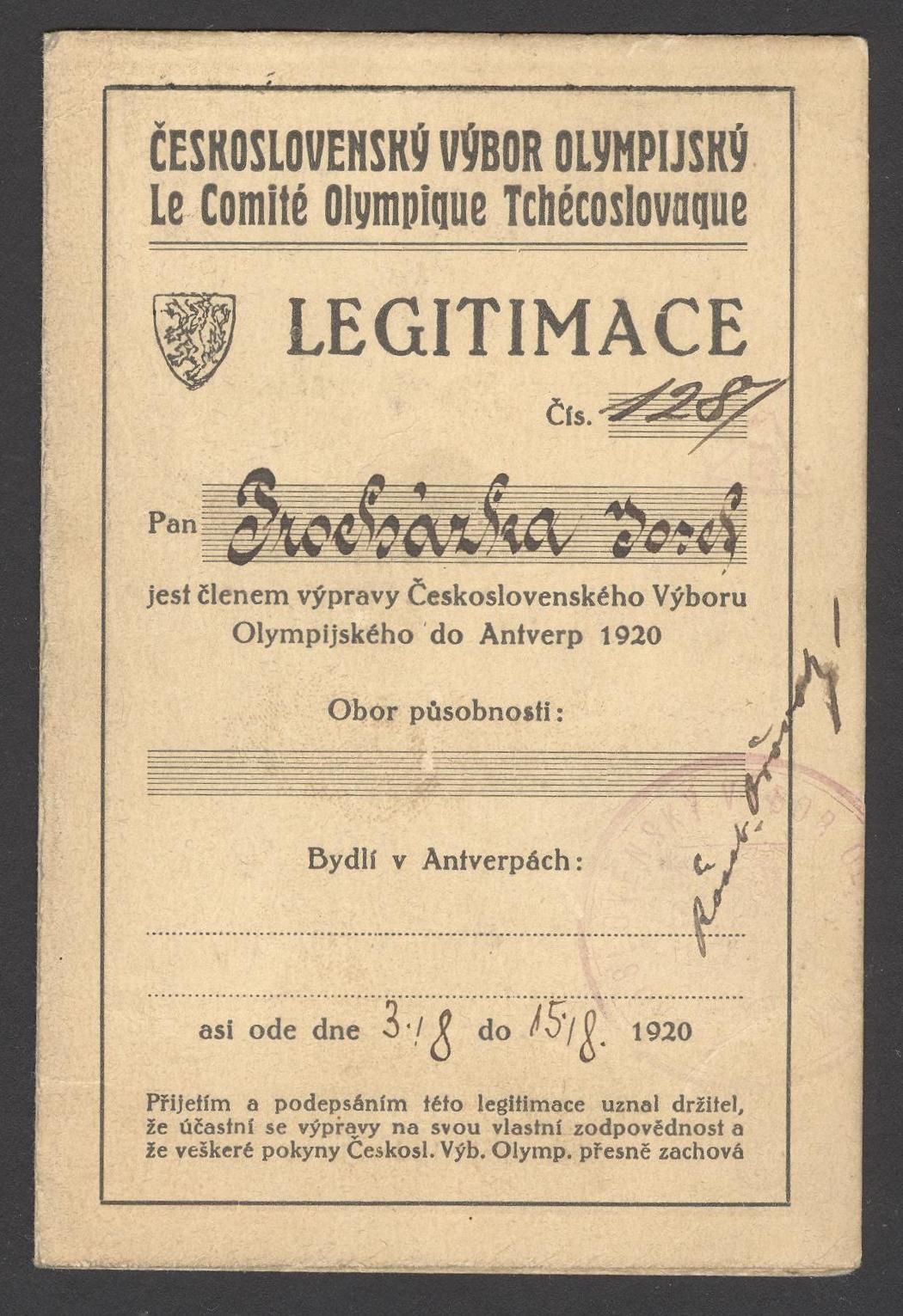 Náhledový obrázek Legitimace cyklisty Josefa Procházky pro OH v Antverpách - 1
