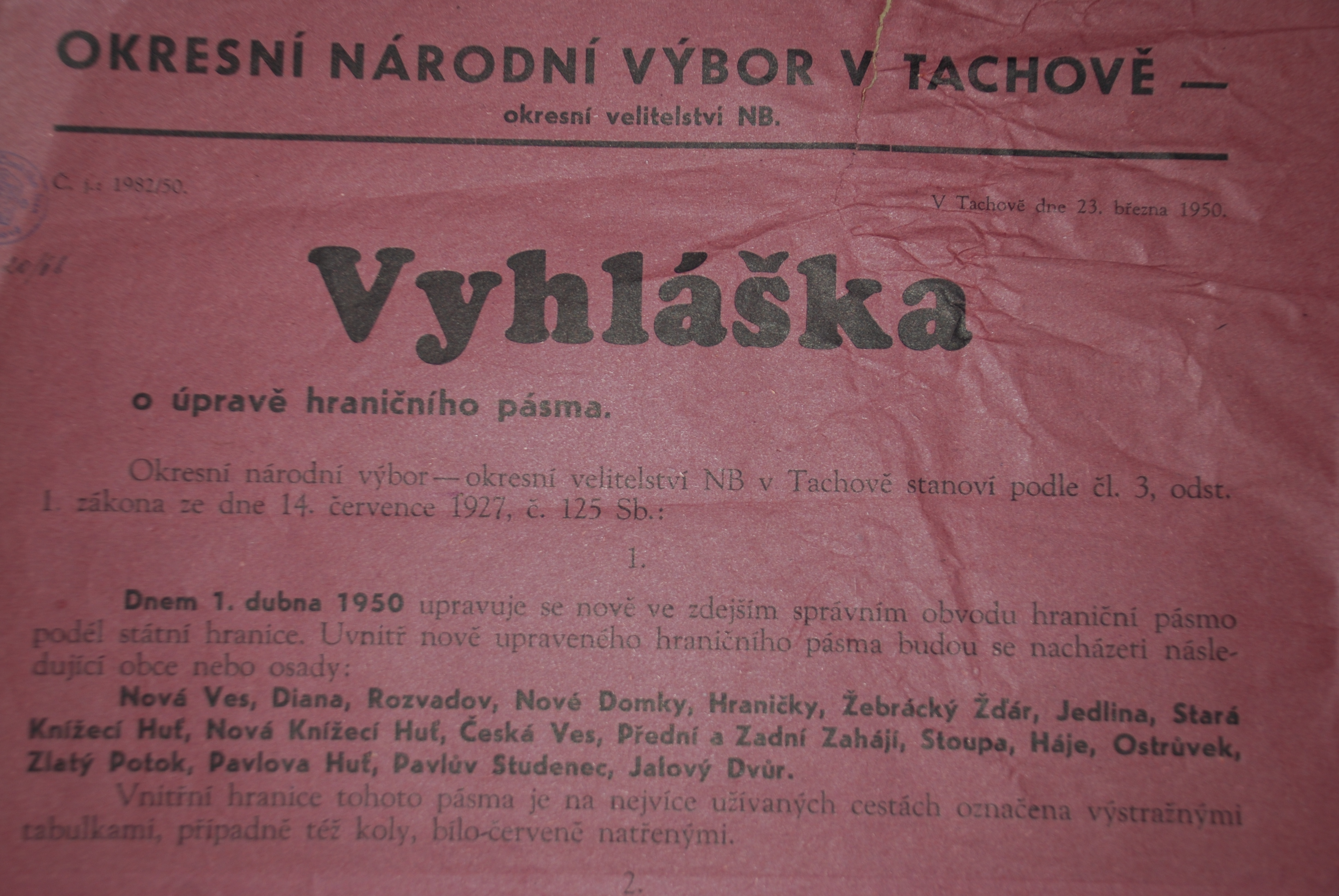 Náhledový obrázek Vyhláška o úpravě hraničního pásma - 1