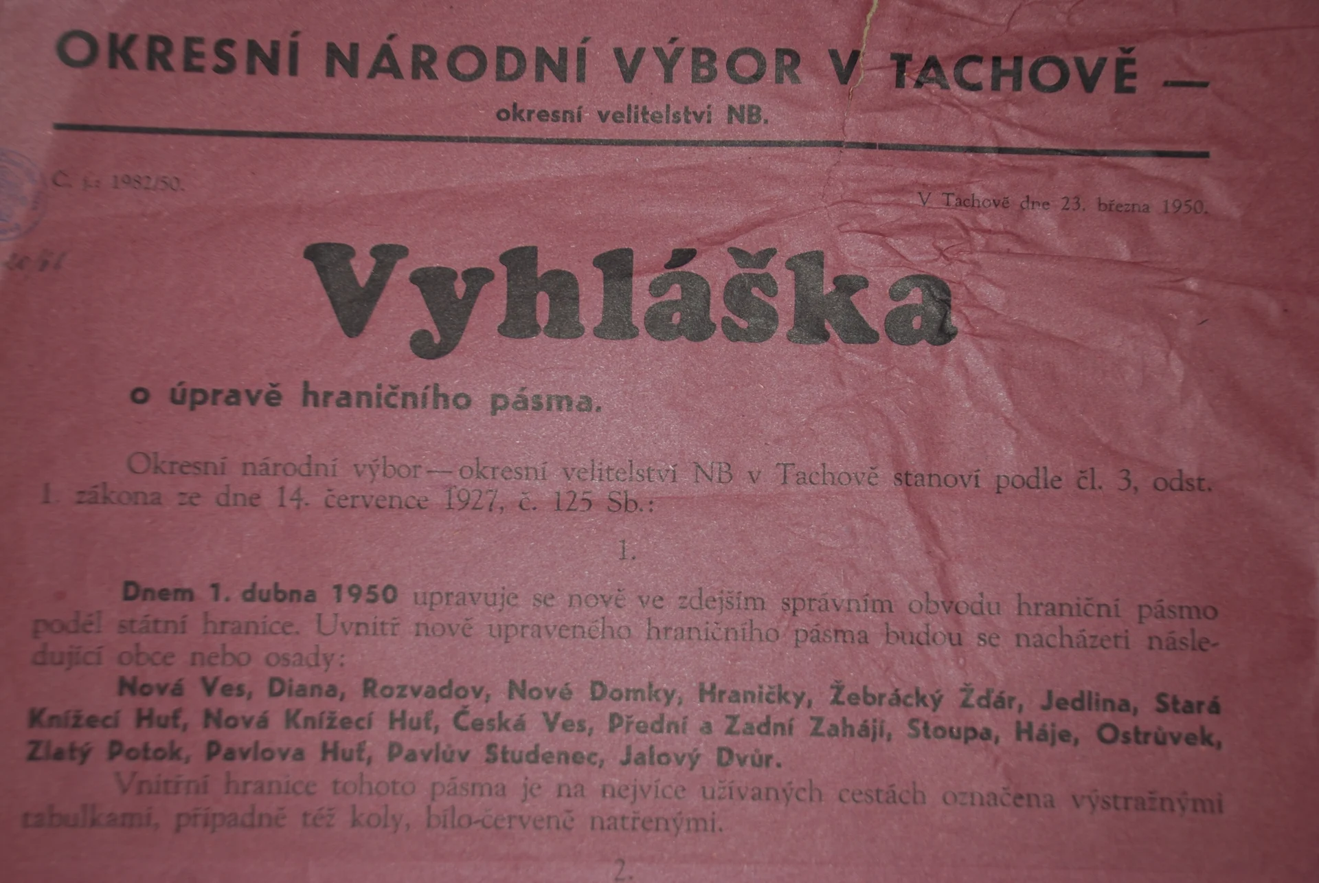 Náhledový obrázek předmětu Vyhláška o úpravě hraničního pásma