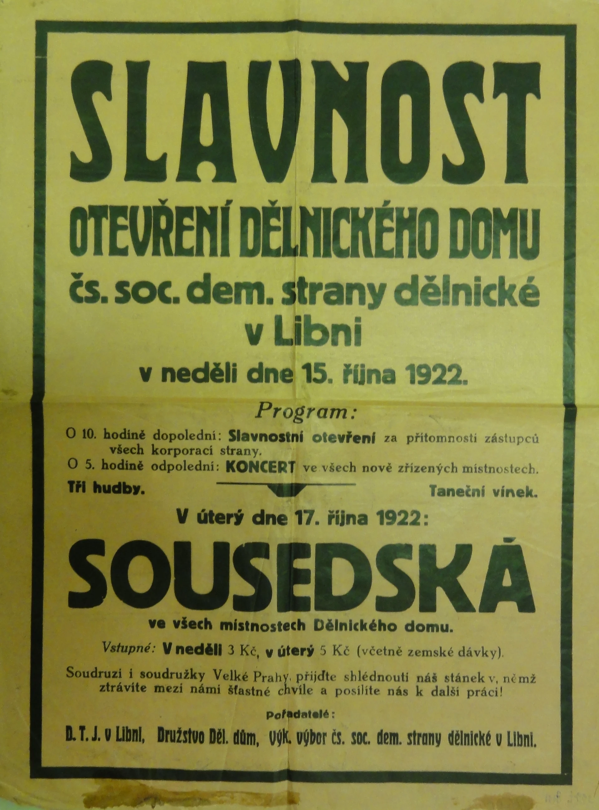 Náhledový obrázek předmětu Slavnost otevření Dělnického domu v Libni