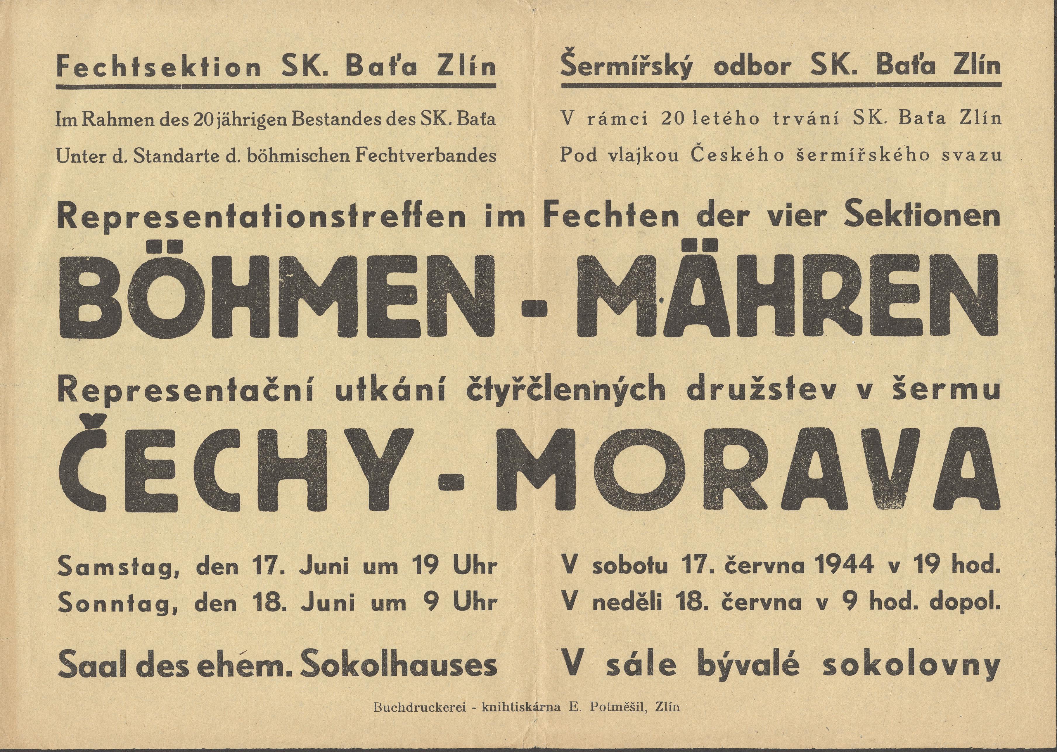Náhledový obrázek Representační utkání čtyřčlenných družstev v šermu. Čechy - Morava. 1944 - 1