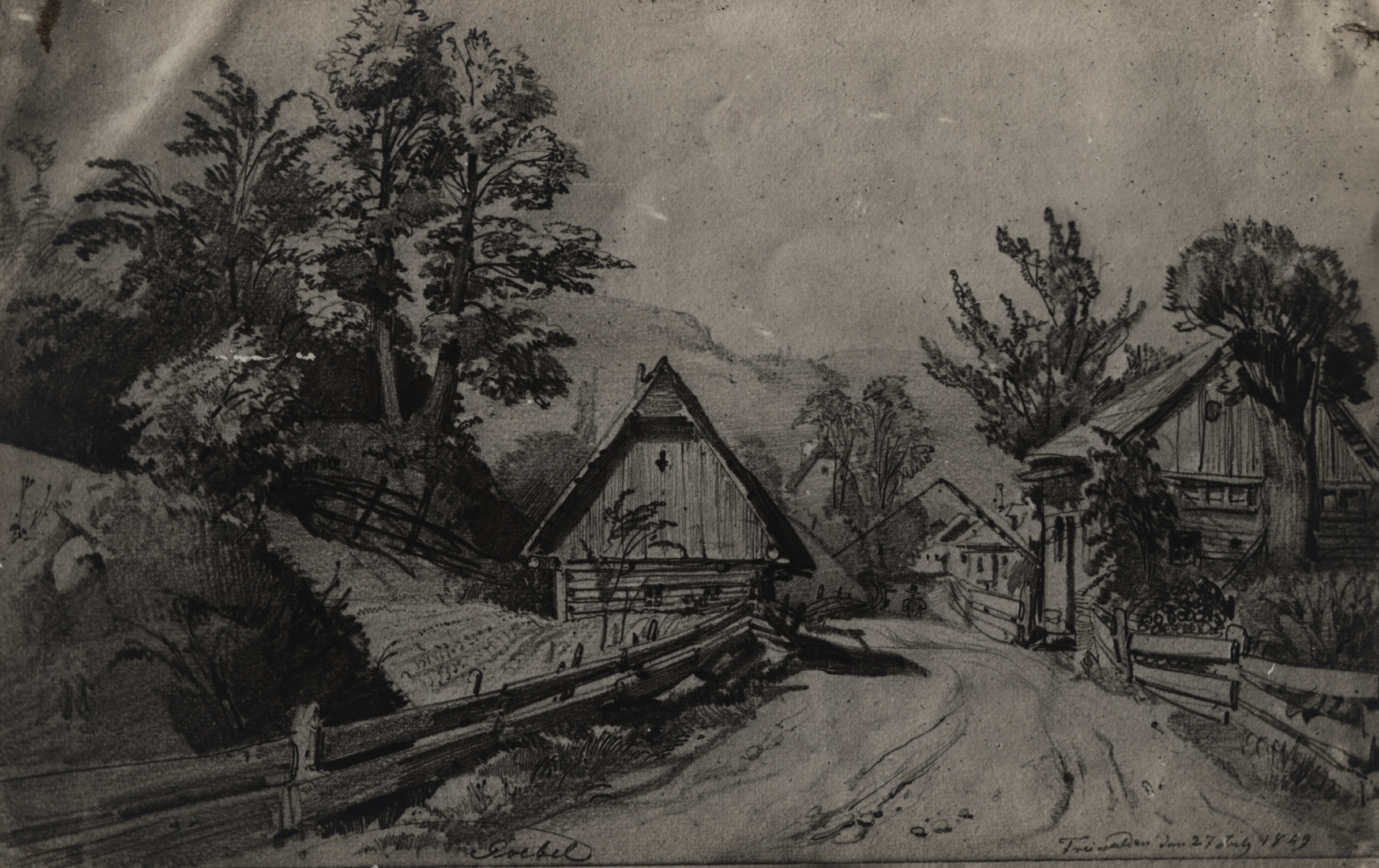 Náhledový obrázek Reprodukce kresby C. Goebela: žánrová partie jesenické vesnice (1849) - 1