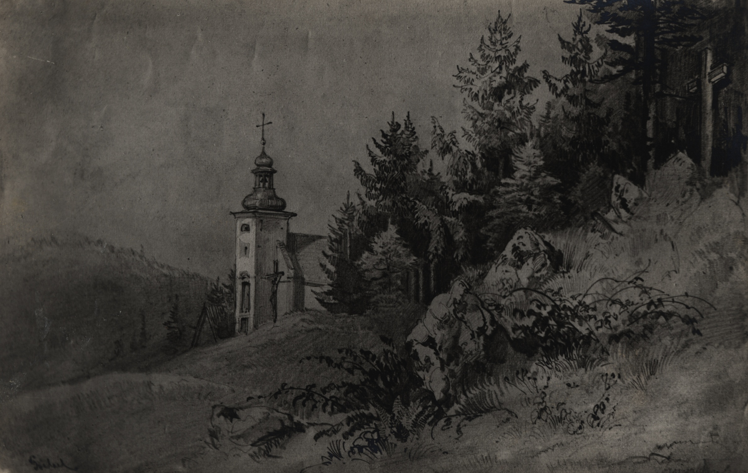 Náhledový obrázek Reprodukce kresby C. Goebela: kaple sv. Anny na Křížovém vrchu nad Jeseníkem (19. století) - 1