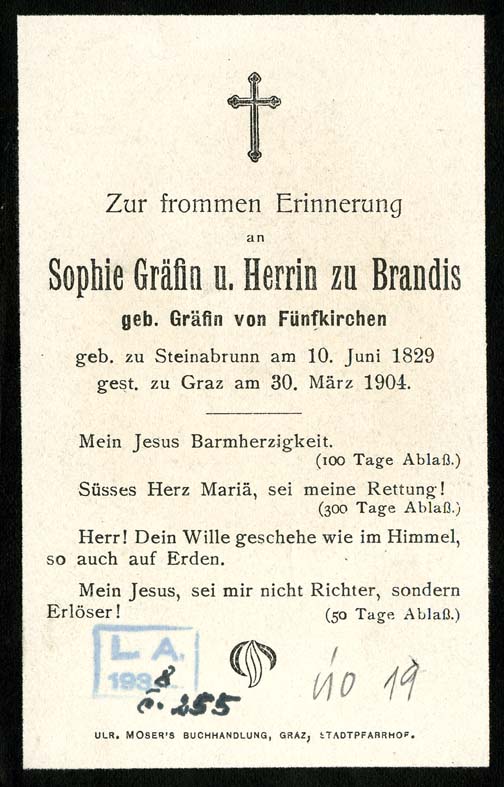 Náhledový obrázek Zbožná vzpomínka - Brandis, Sophie Gräfin u. Herrin zu (geb. Gräfin von Fünfkirchen) - 2