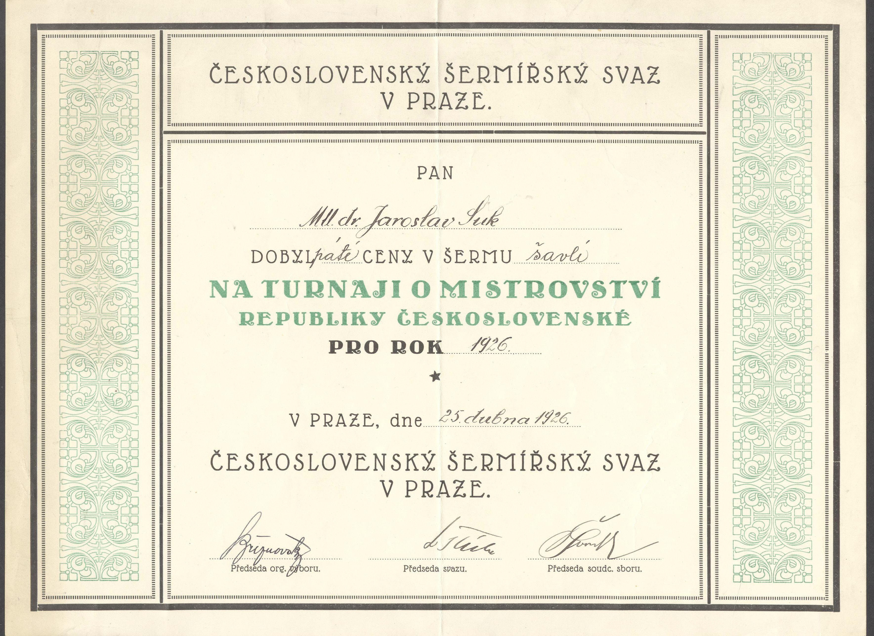 Náhledový obrázek Diplom z turnaje o mistrovství RČS pro rok 1926 - 1