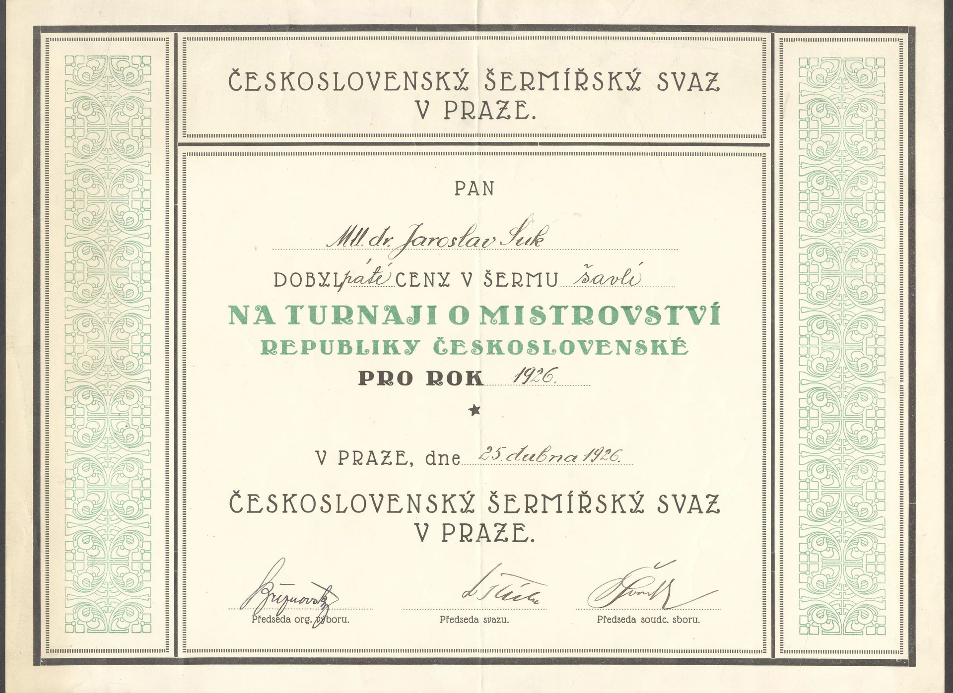 Náhledový obrázek předmětu Diplom z turnaje o mistrovství RČS pro rok 1926