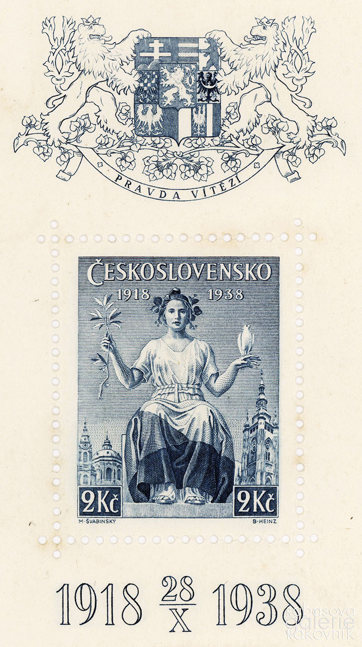 Náhledový obrázek Heinz Bohumil, pošt. zn. ČSR, 2 K, 3 K, Jubilejní 1938, M. Švabinský, d-aršík - 1