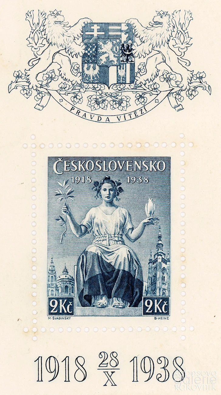 Obrázek Heinz Bohumil, pošt. zn. ČSR, 2 K, 3 K, Jubilejní 1938, M. Švabinský, d-aršík
