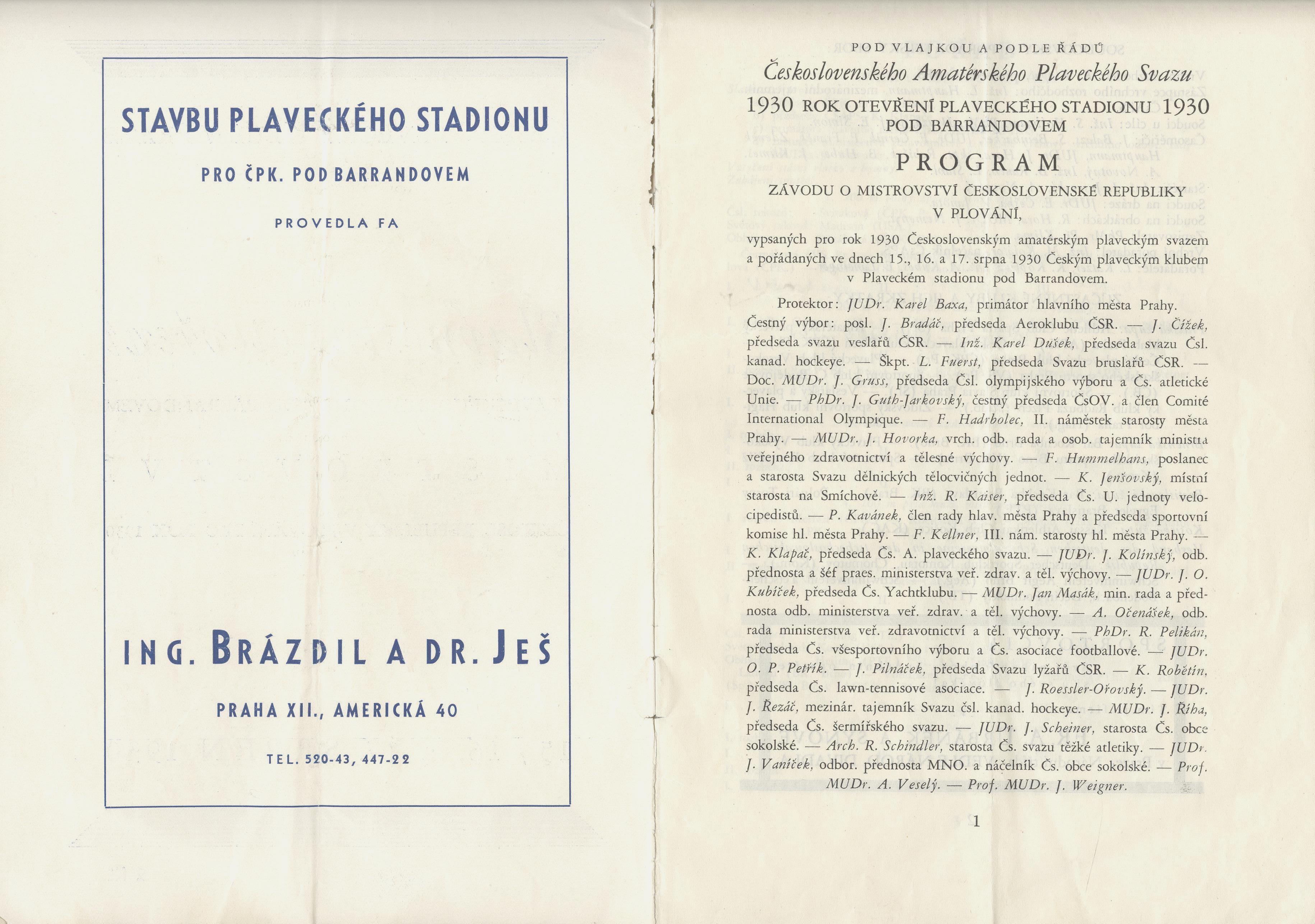 Náhledový obrázek Slavnostní otevření plaveckého stadionu pod Barrandovem a mistrovství Československé republiky v plování pro rok 1930 - 2