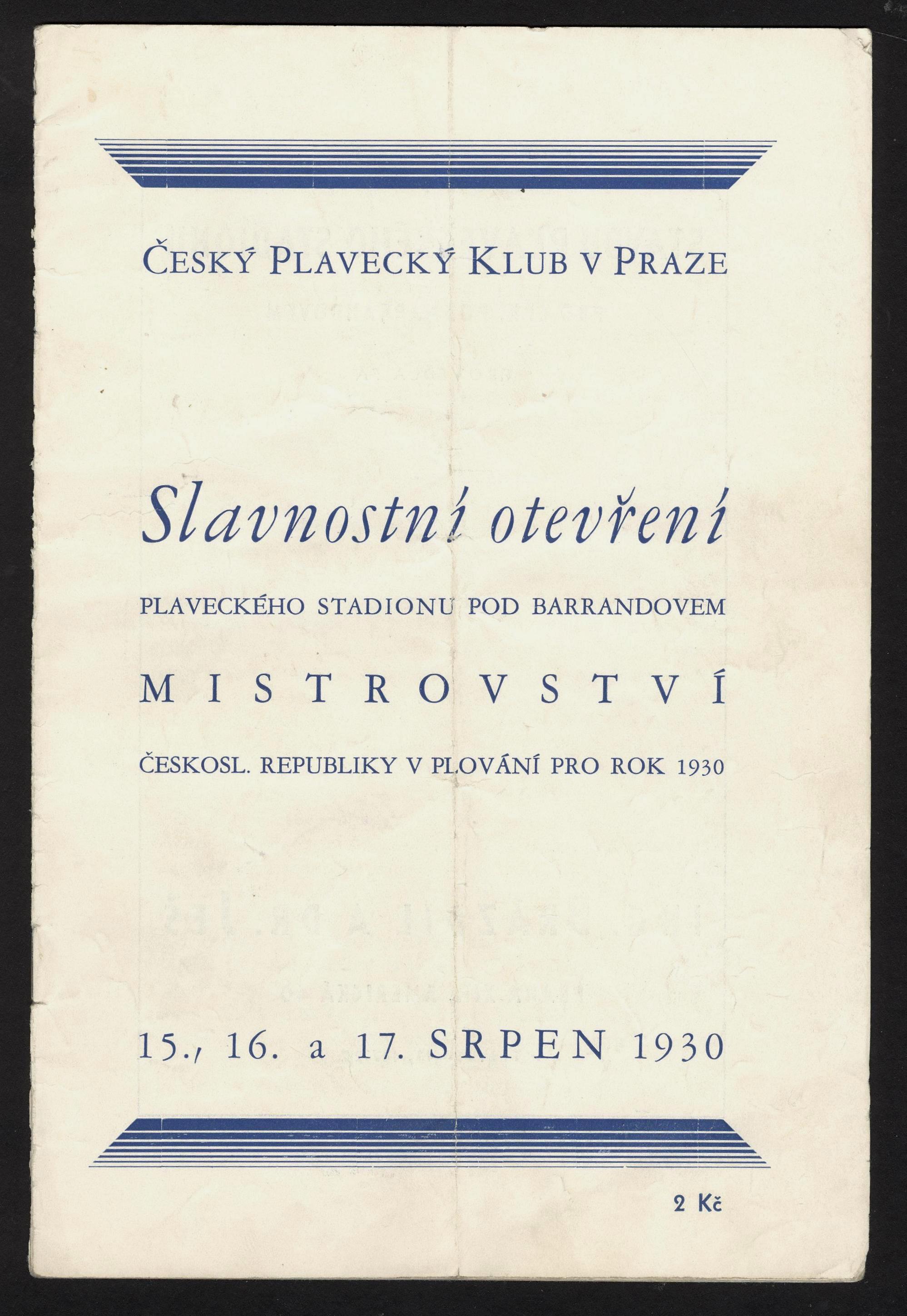 Náhledový obrázek Slavnostní otevření plaveckého stadionu pod Barrandovem a mistrovství Československé republiky v plování pro rok 1930 - 1