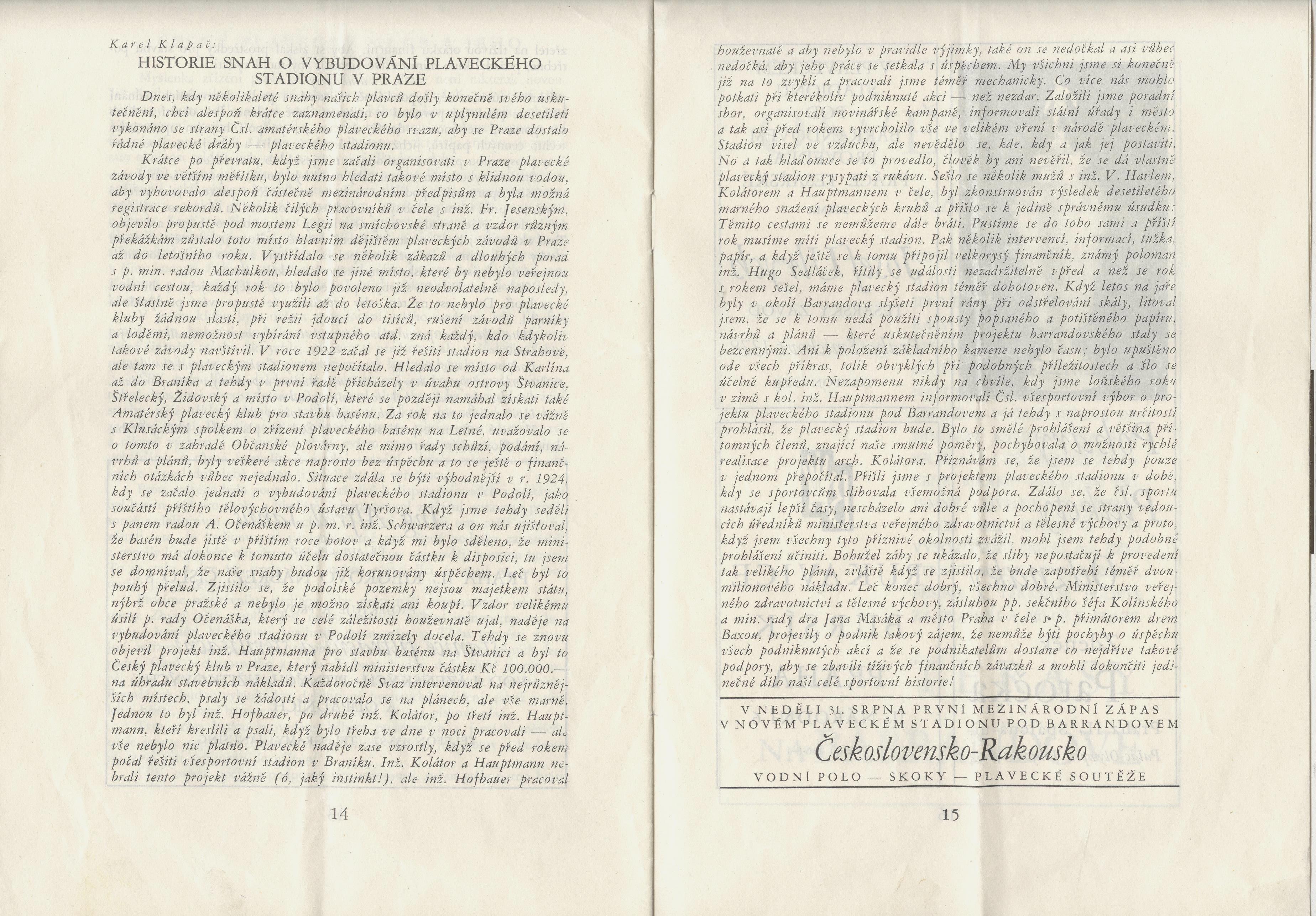 Náhledový obrázek Slavnostní otevření plaveckého stadionu pod Barrandovem a mistrovství Československé republiky v plování pro rok 1930 - 8