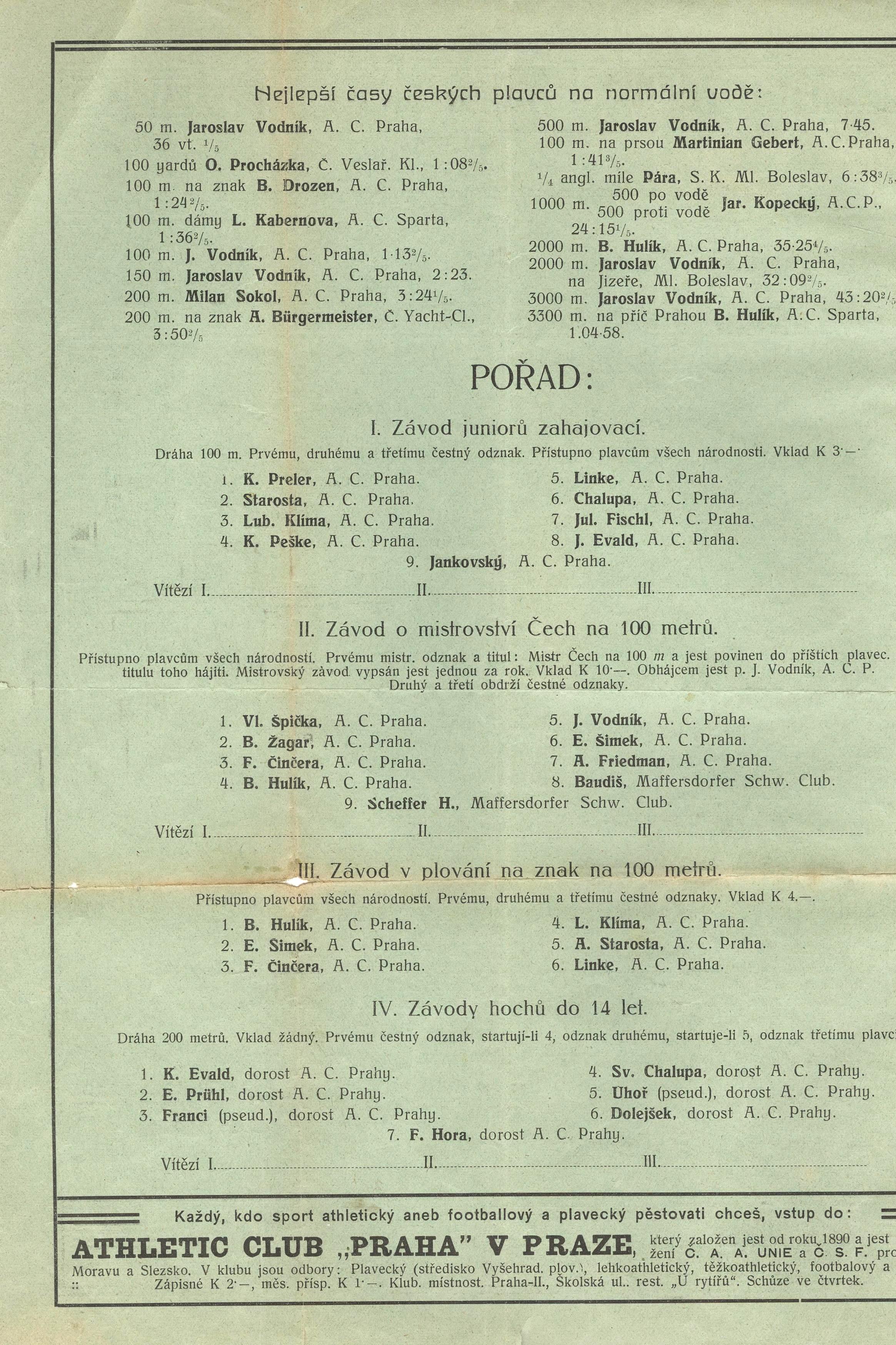 Náhledový obrázek AC Praha. VIII. mezinárodní závody plavecké - 1
